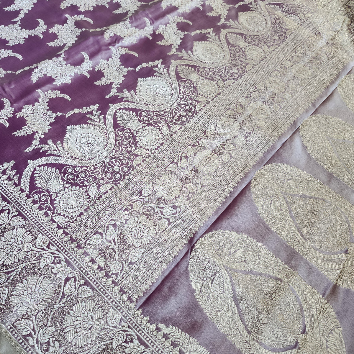 Dusty Lilac Banarasi Katan Silk Saree with Floral Vine Jaal