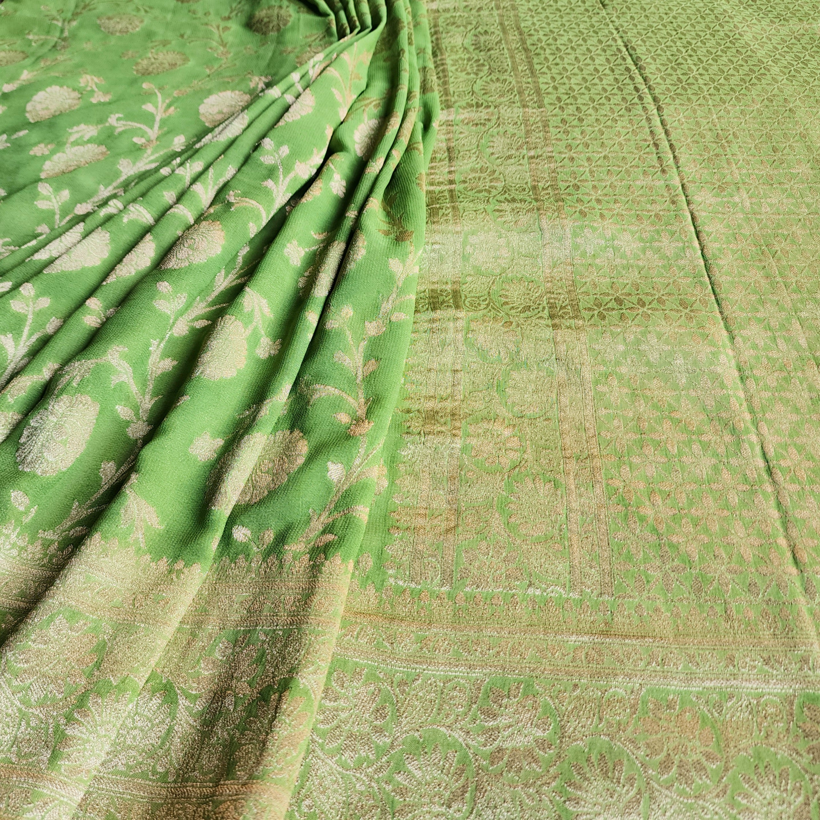 Khaddi Georgette Pure Banarasi Saree in Light Bottle Green