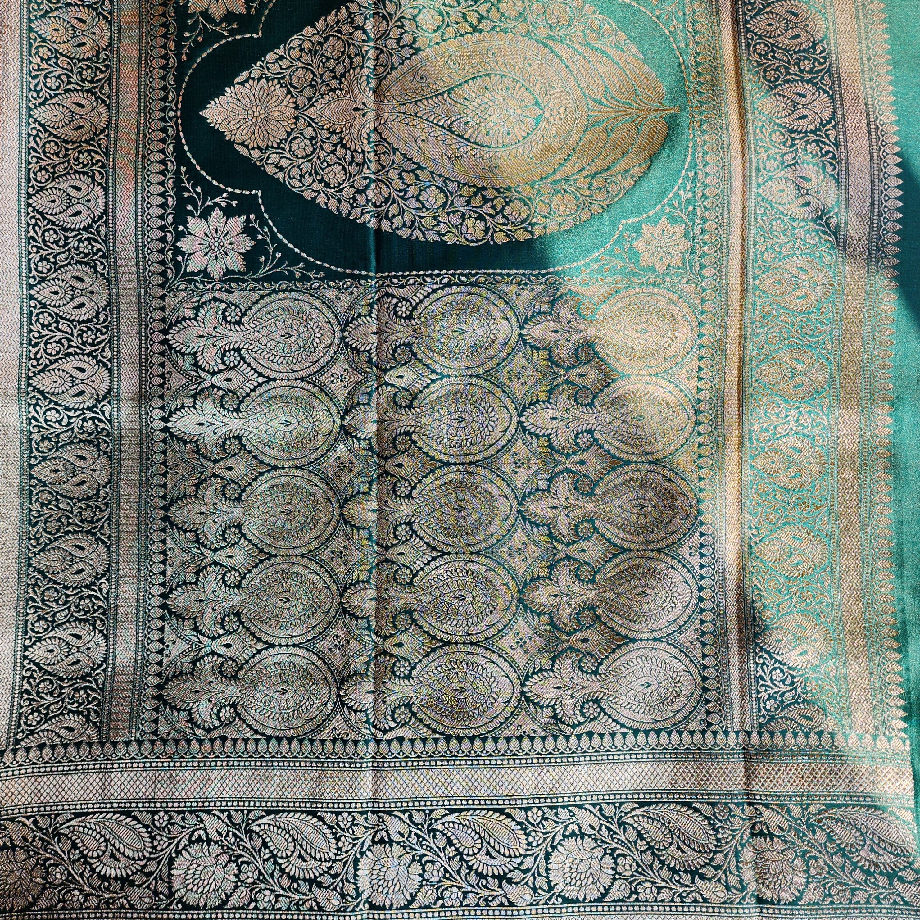 Dhoop Chhaon Teal Green Banarasi Katan Silk Saree