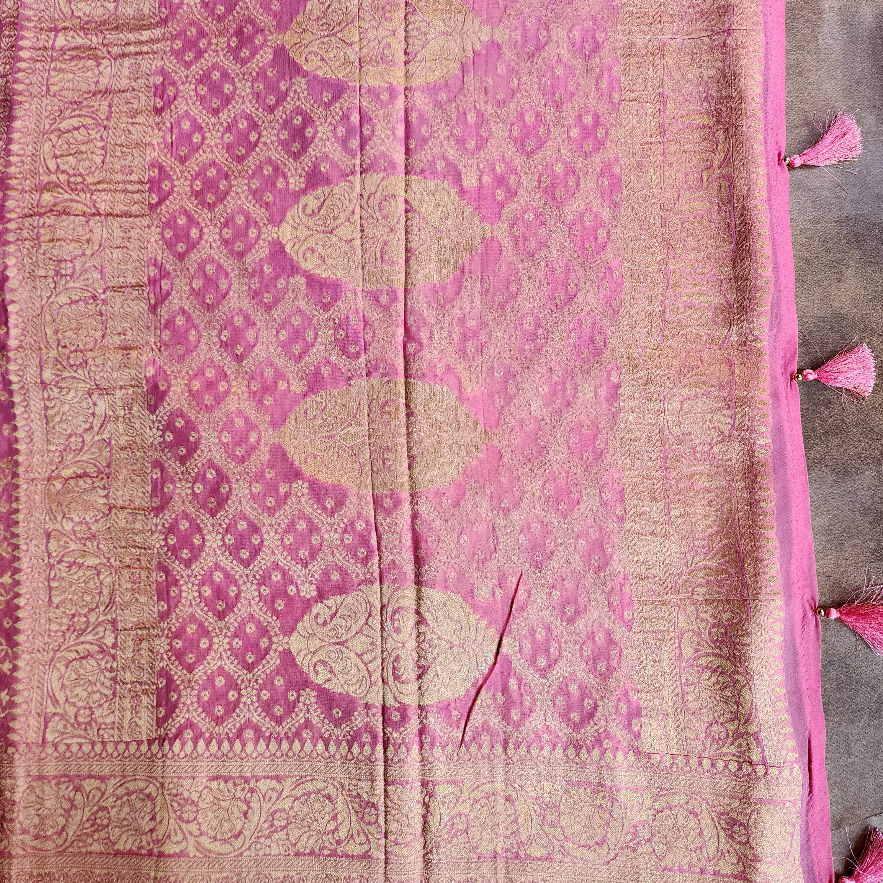 Pastel Pink Pure Khaddi Georgette Banarasi Saree with Golden Zari