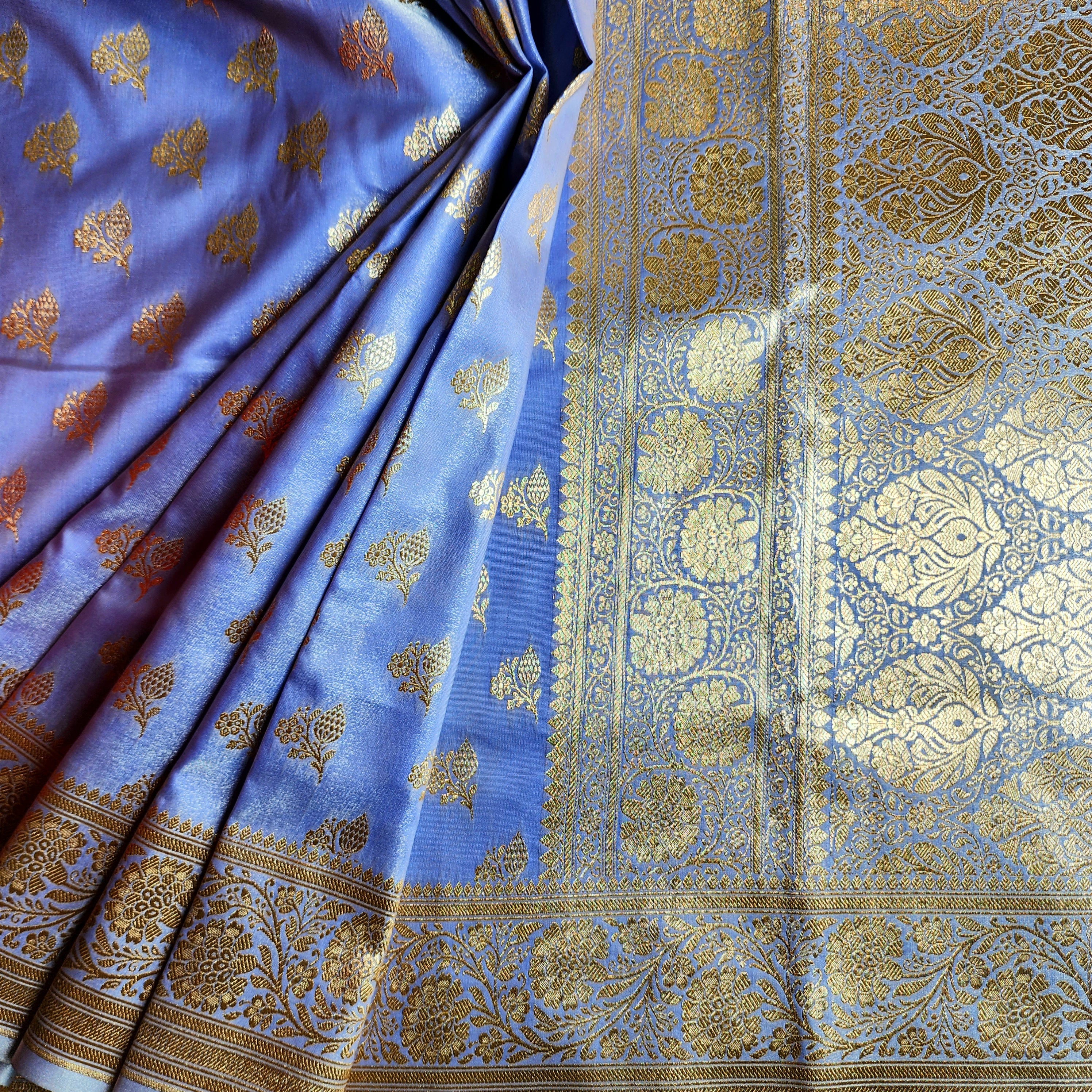 Rich Periwinkle Blue Banarasi Silk Saree with Gold Zari Weaving