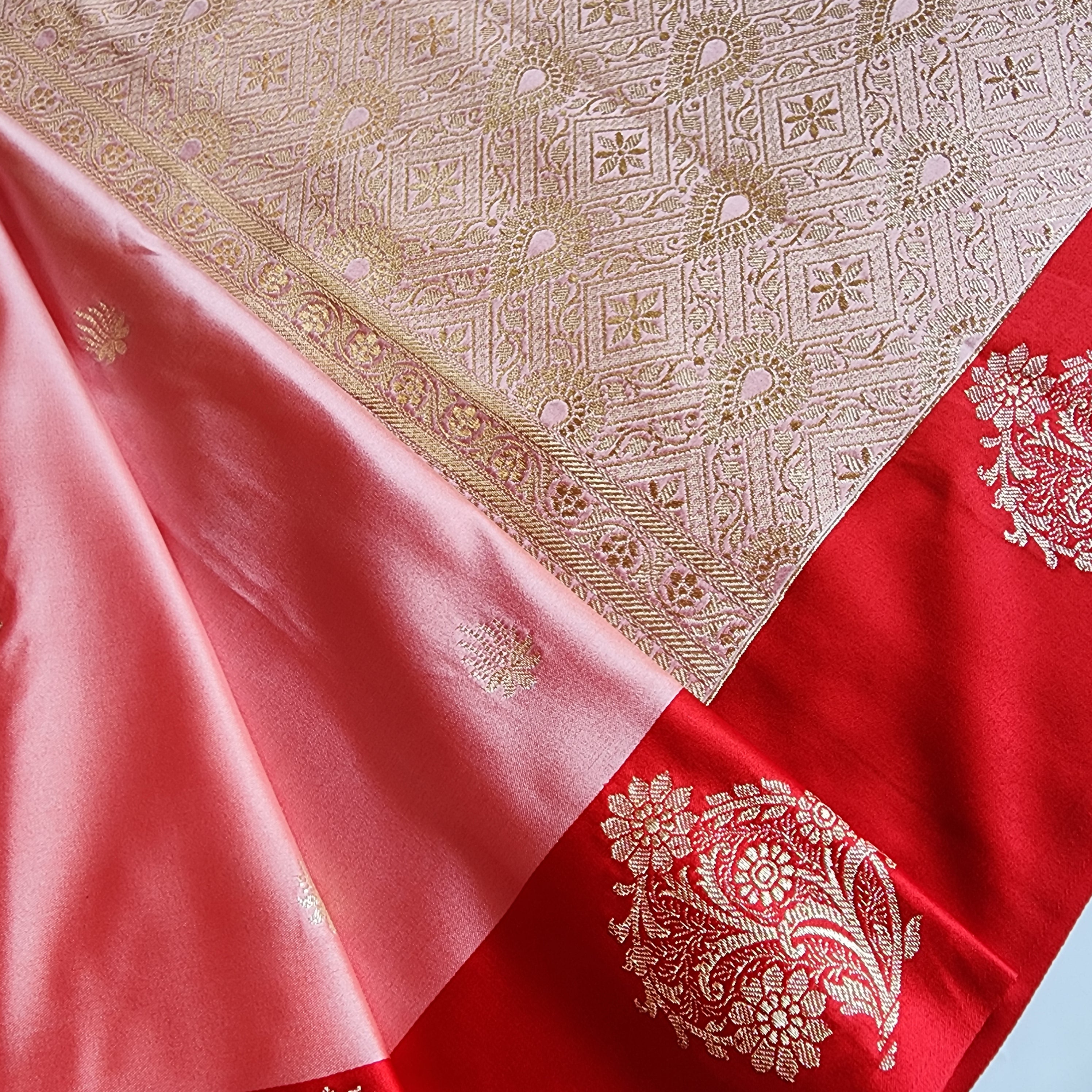 Blush Pink Katan Silk Saree with Red Gold Zari Border