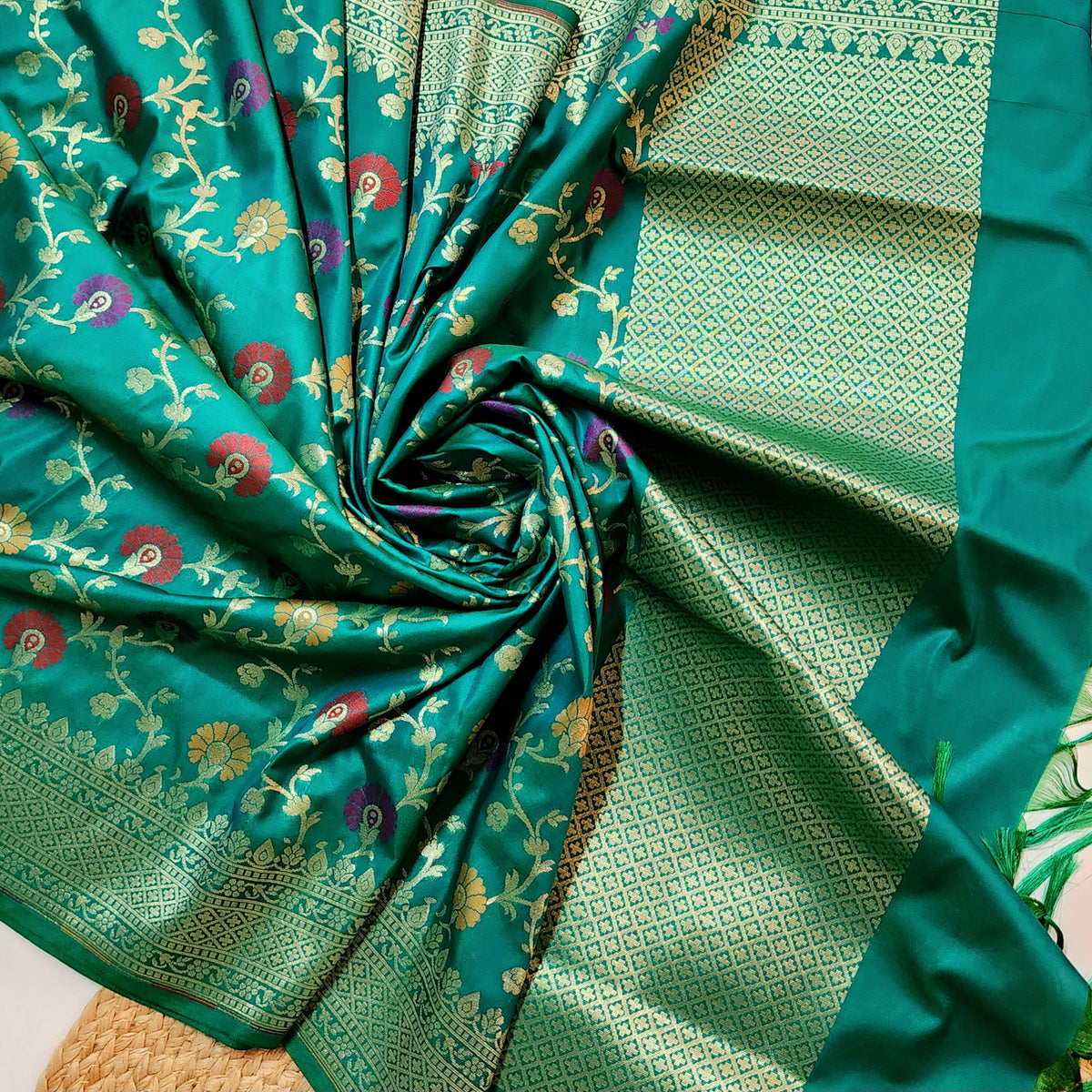 Banarasi Silk Floral Jaal Dupatta - Deep Teal