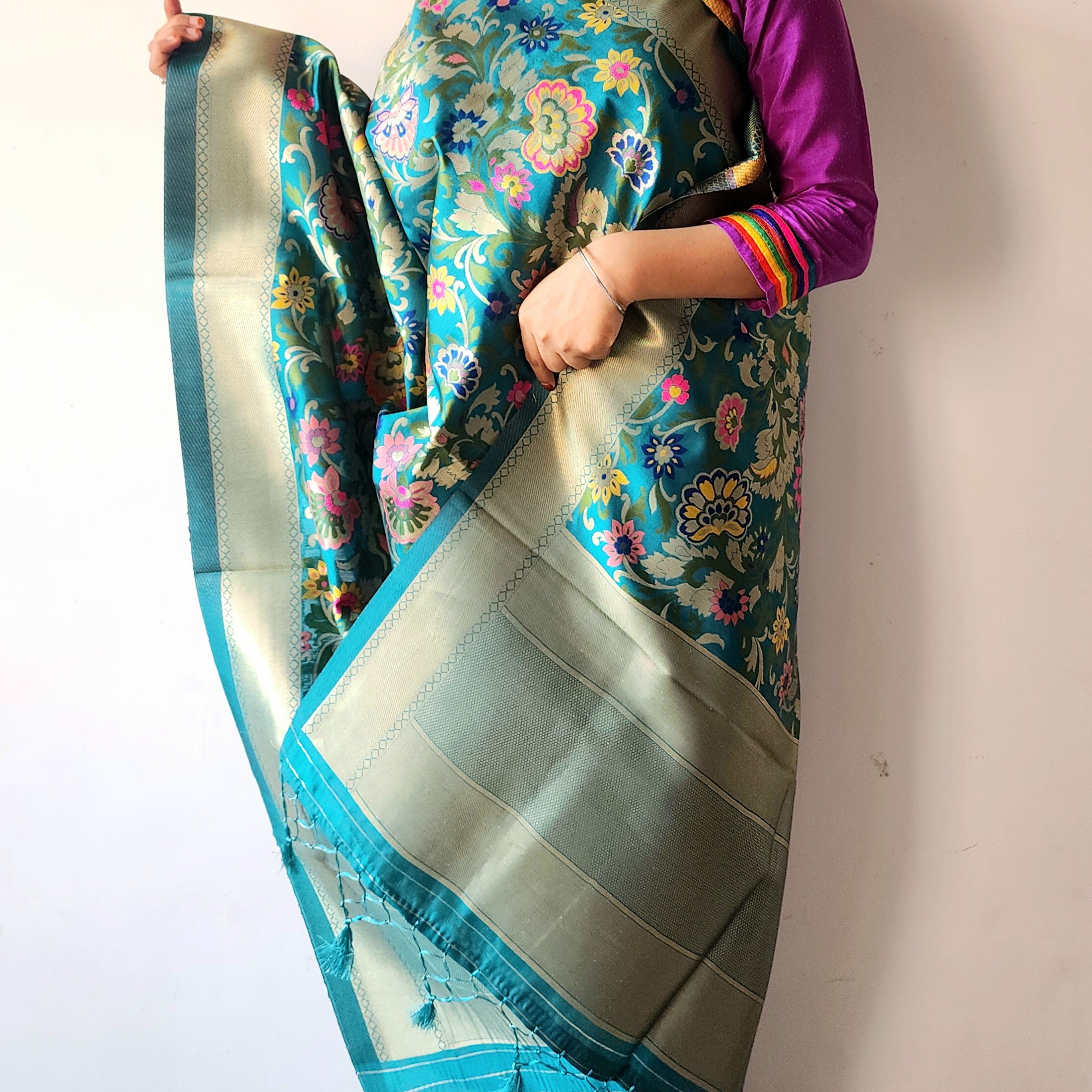 Banarasi Silk Rama Green Dupatta with Multicolor & Gold Floral Handweaving