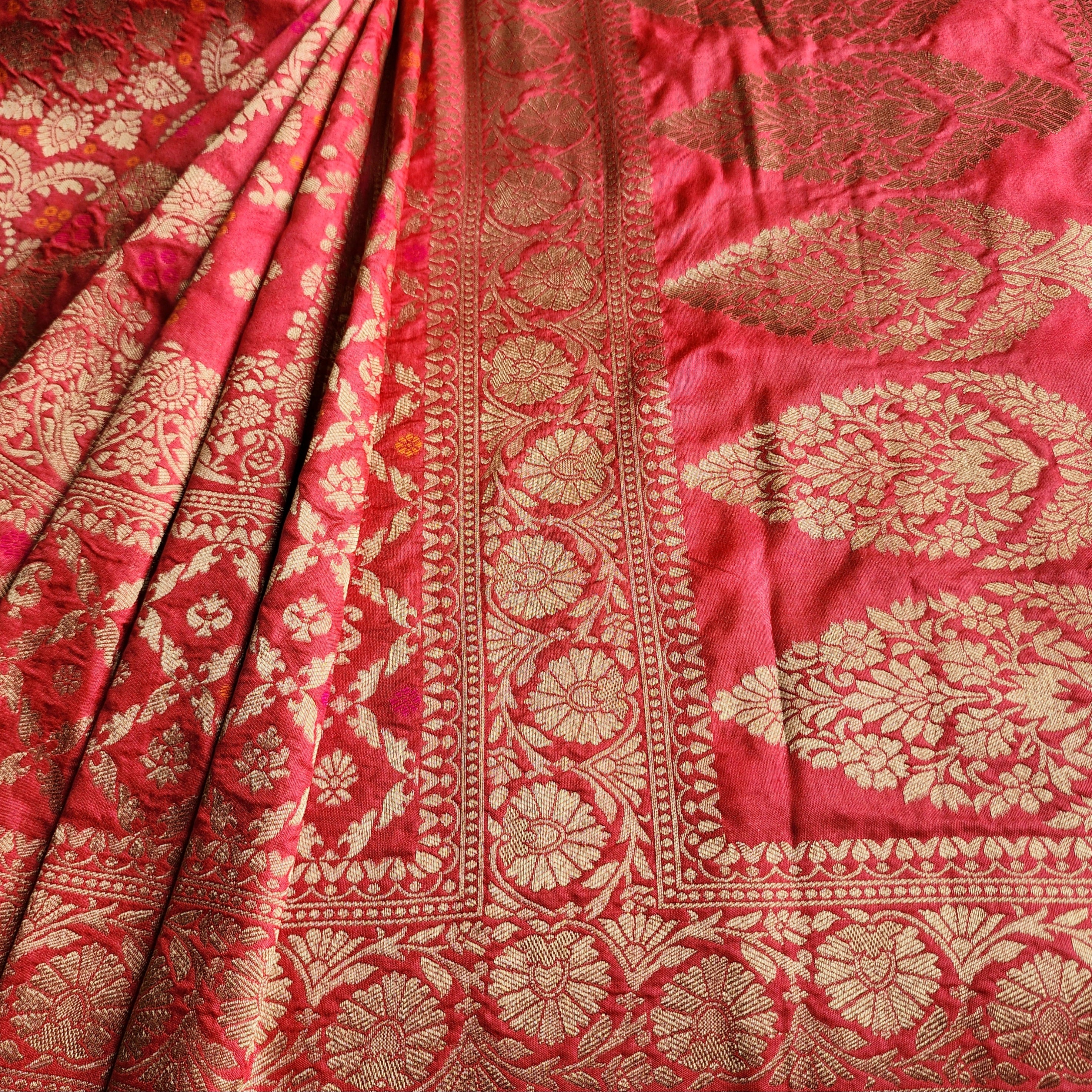 Rose Pink Bandhani Dupatta with Floral and Geometric Zari Weave
