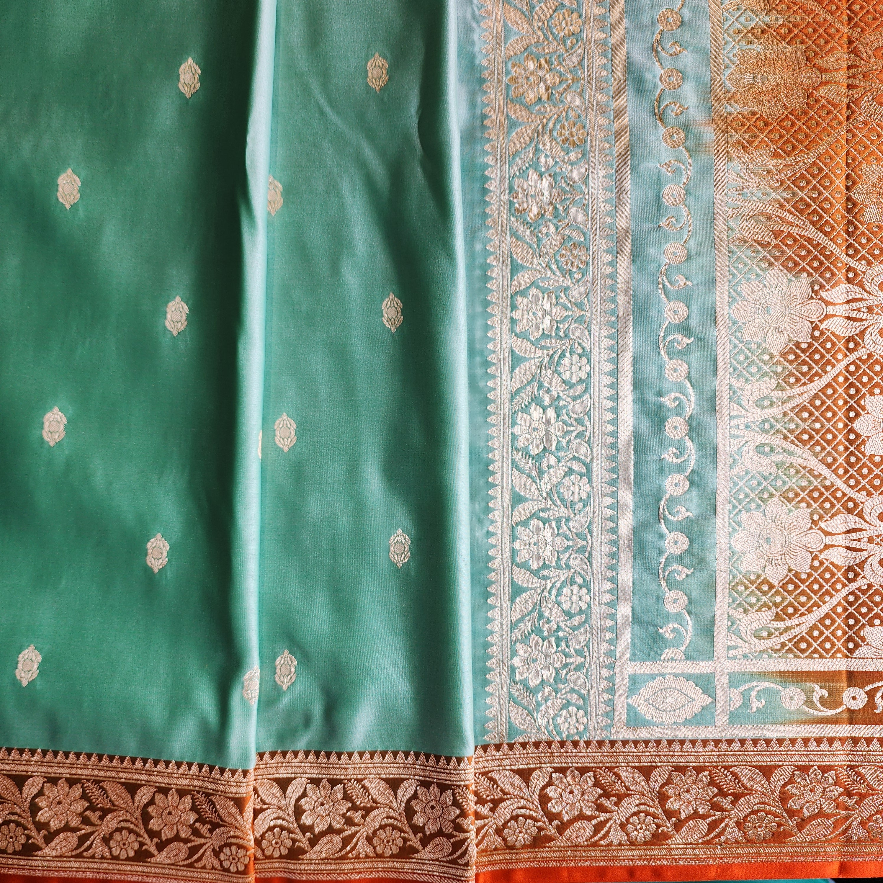 Aqua Katan Silk Saree with Rust and Gold Zari Border
