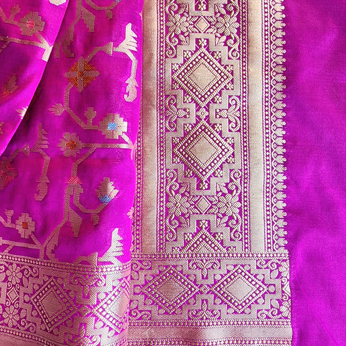 Golden Grid Banarasi Silk Dupatta with Meenakari Work in Wine