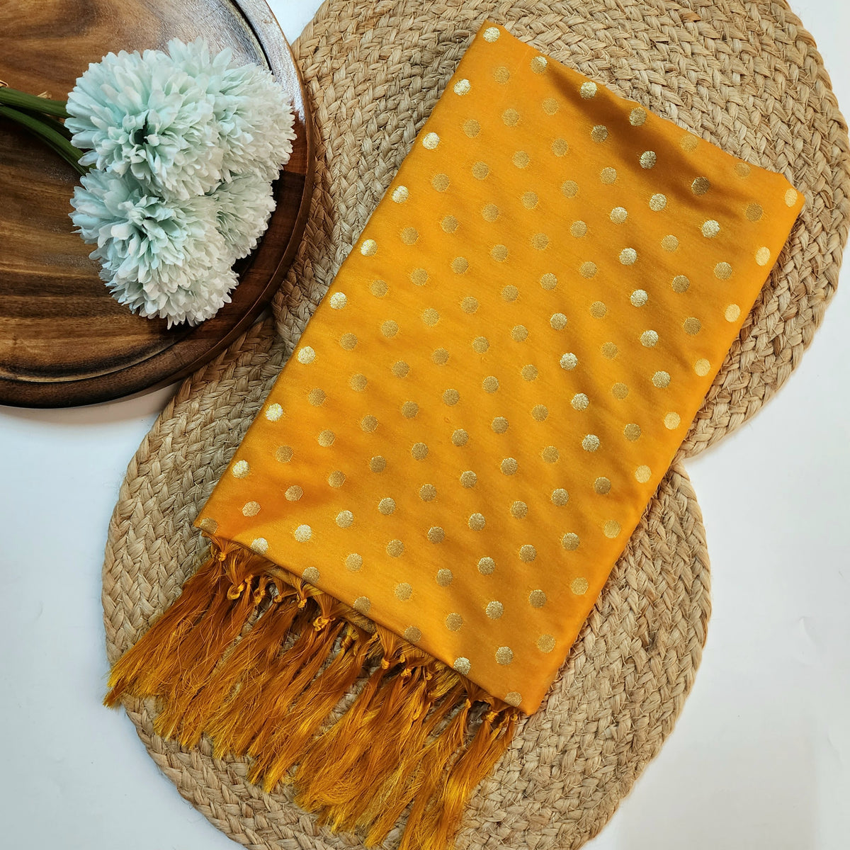 Mustard Yellow Banarasi Silk Dupatta with Gold Polka Dot