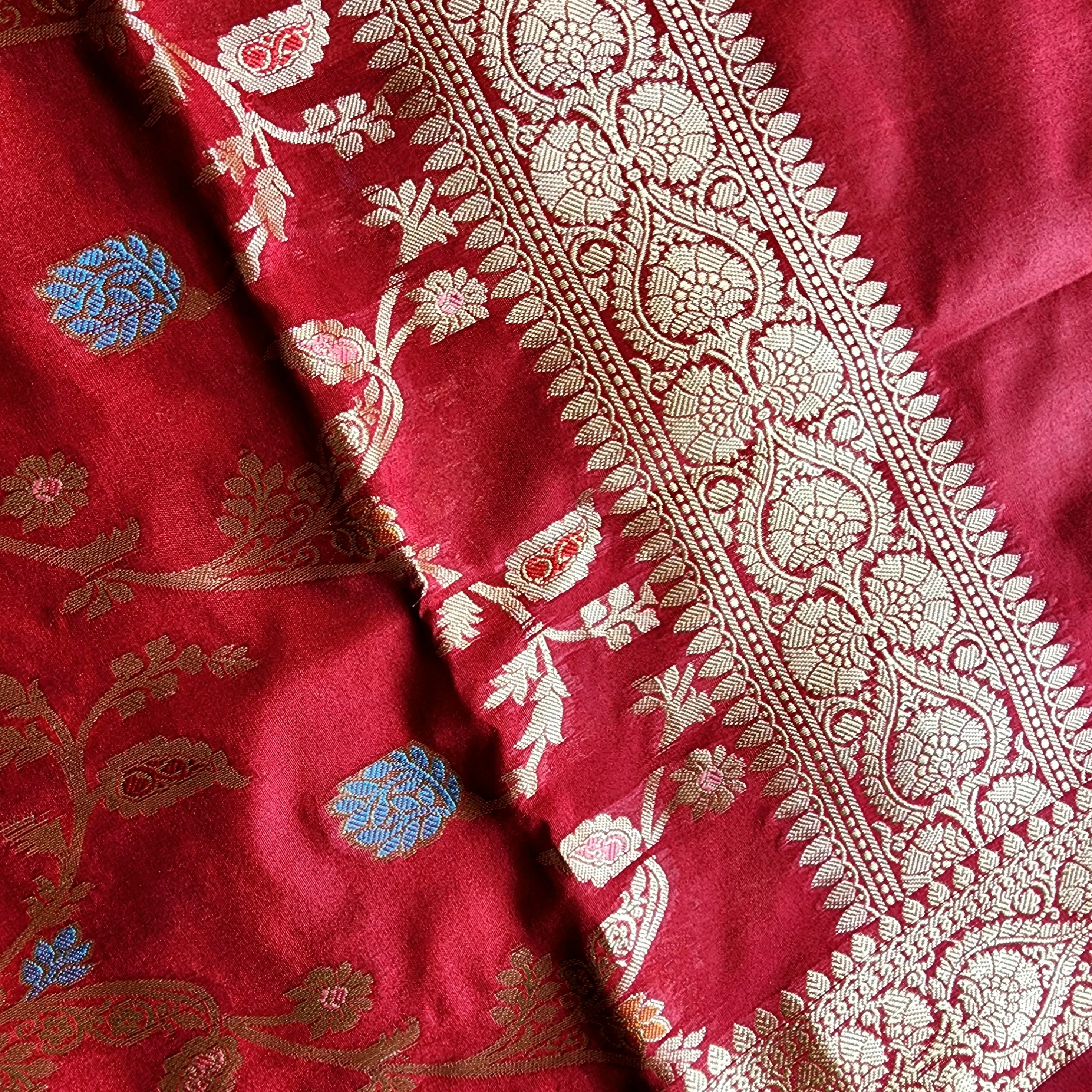 Maroon Banarasi Silk Dupatta with Gold Zari Border & Multicolor Meenakari Work