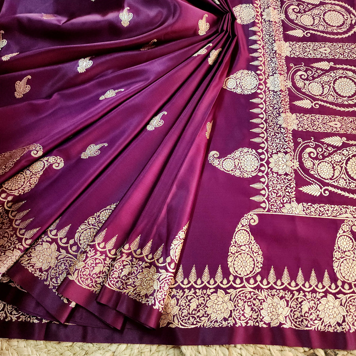 Wine Paisley Katan Silk Saree with Gold Zari