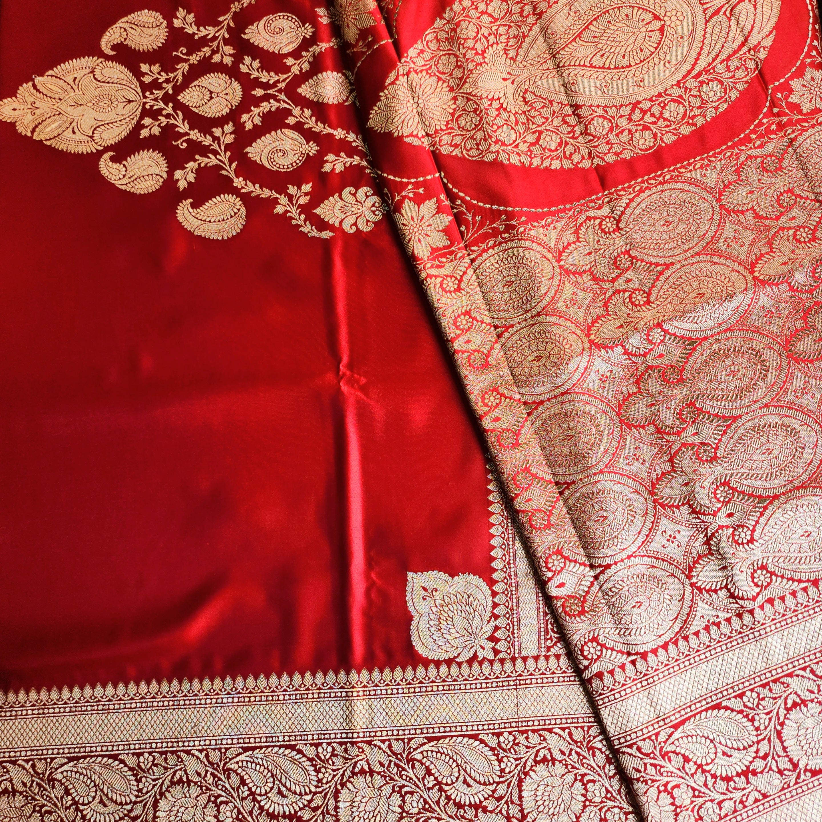 Rich Ruby Red Pure Banarasi Katan Silk Saree with light Gold Zari Weaving