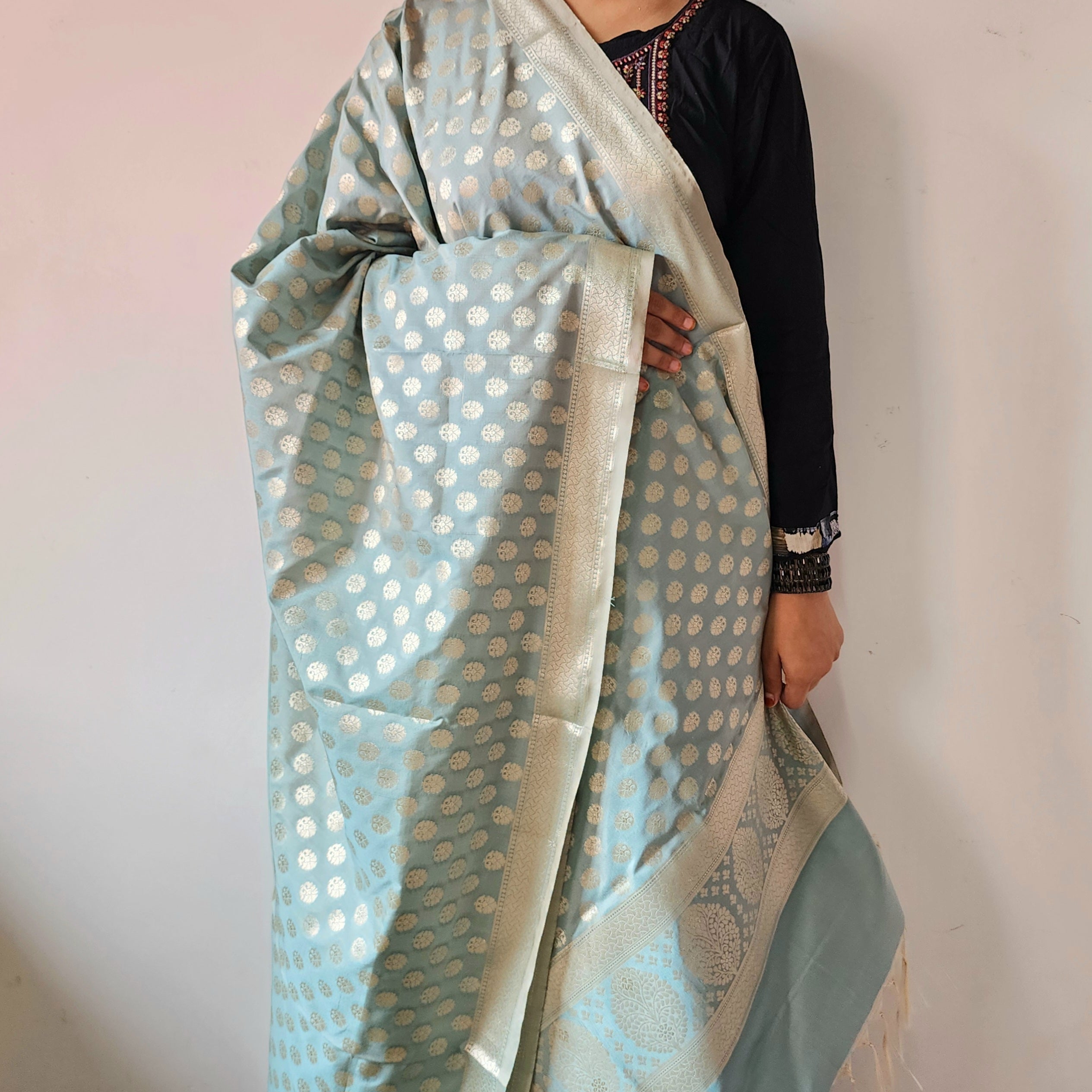 Dusty Mint Banarasi Dupatta with Soft Polka Dots
