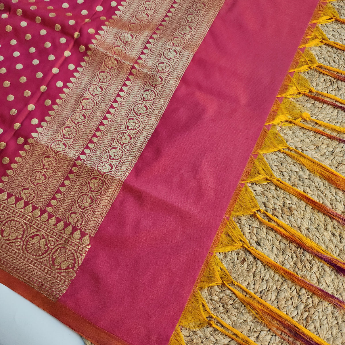 Coral Red Banarasi Silk Dupatta with Gold Polka Dot