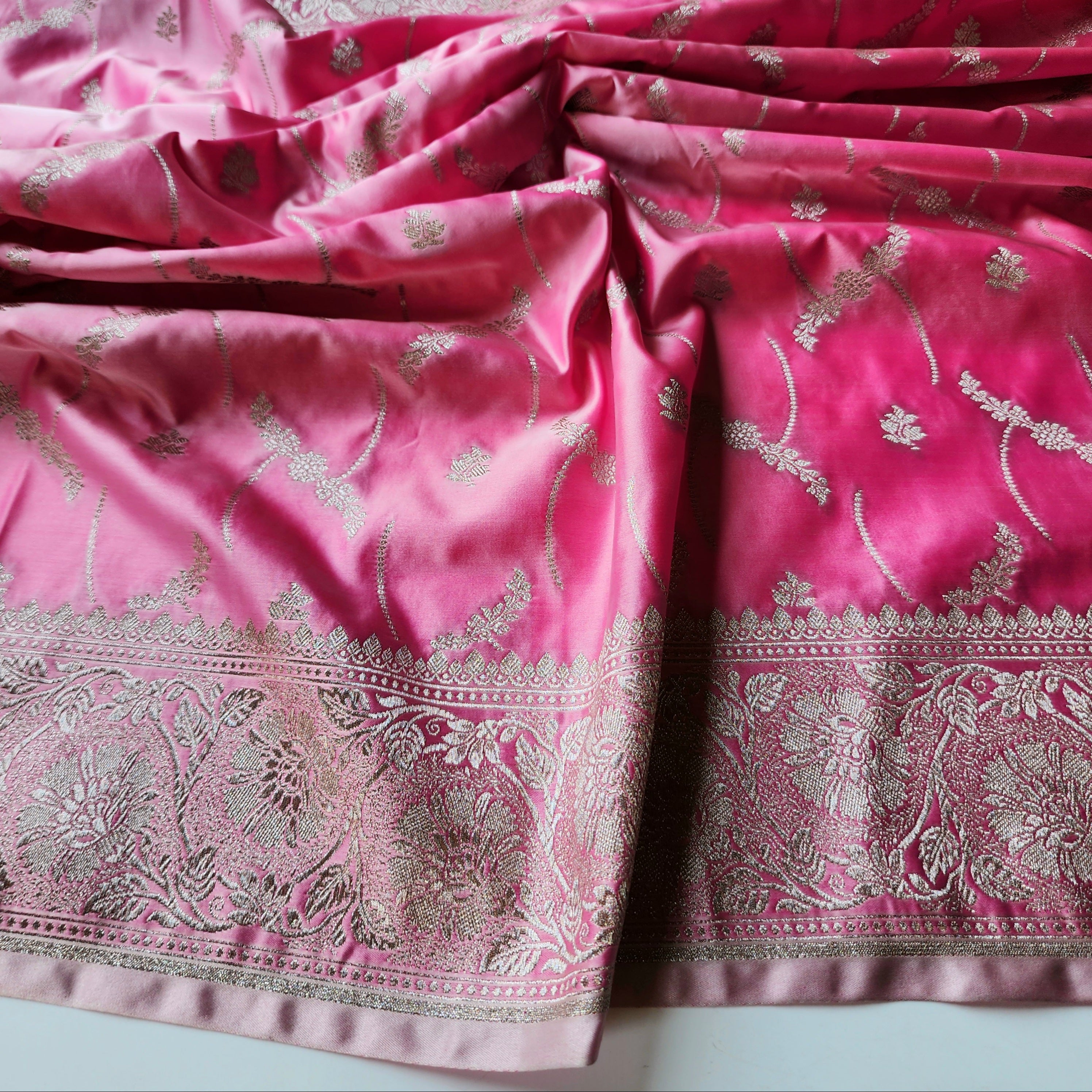 Pastel Candy Pink Banarasi Katan Silk Saree with Light Gold Zari weaving