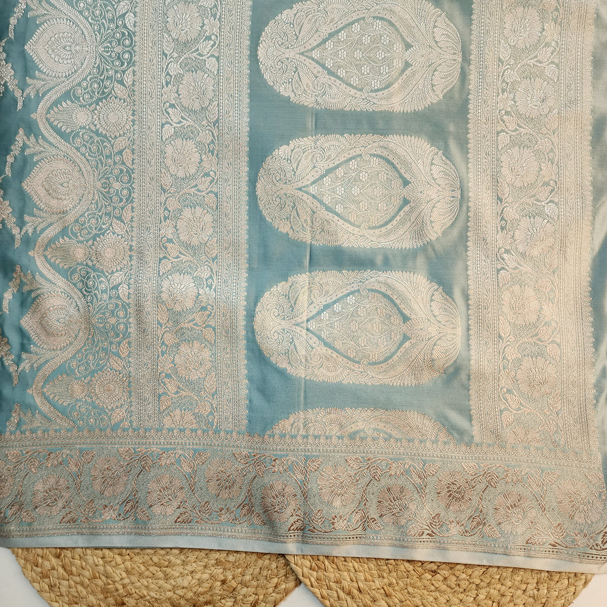 Dusty Blue Banarasi Katan Silk Saree with Floral Vine Jaal