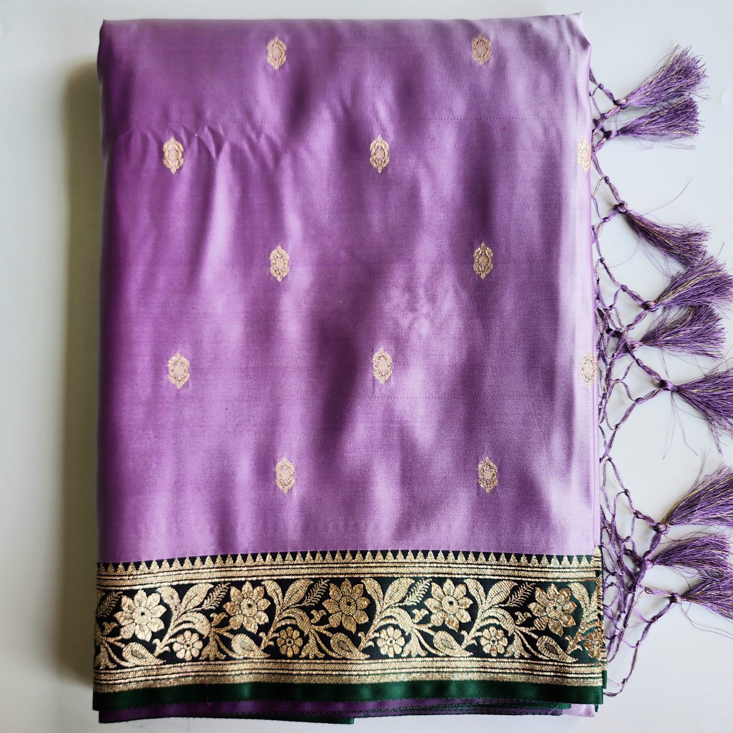 Lavender Katan Silk Saree with Emerald Green and Gold Zari Border