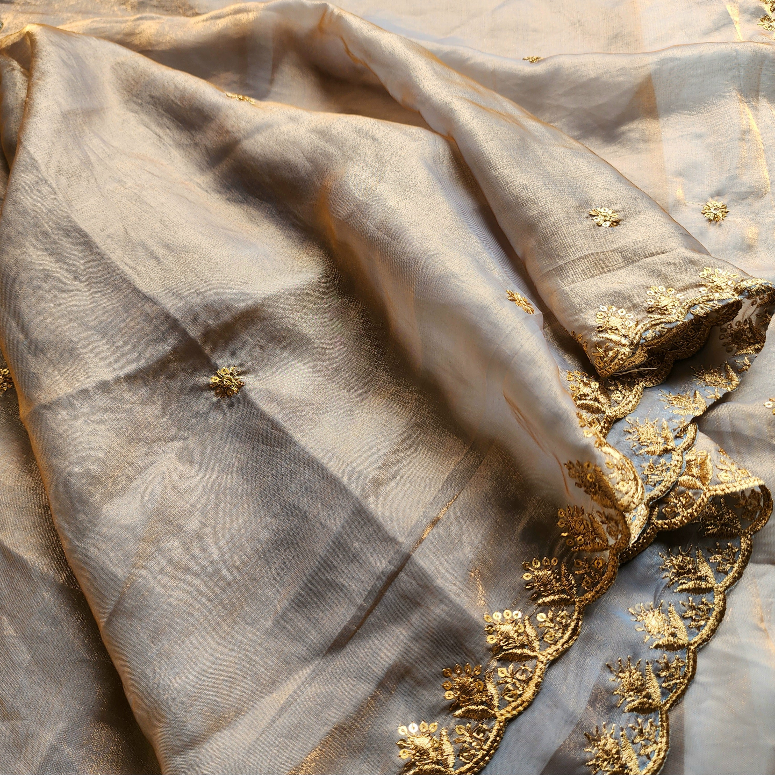 Smoky Taupe Gold Designer Tissue Silk Saree