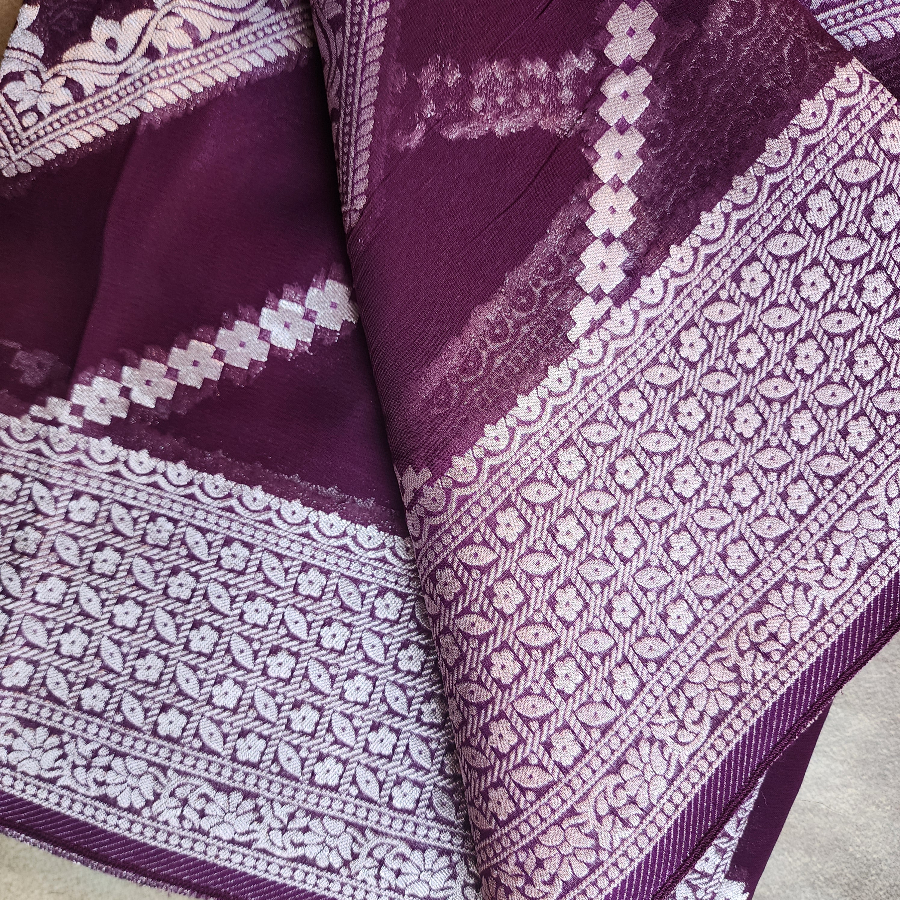 Dark Purple Khaddi Georgette Pure Banarasi Saree with Silver Zari