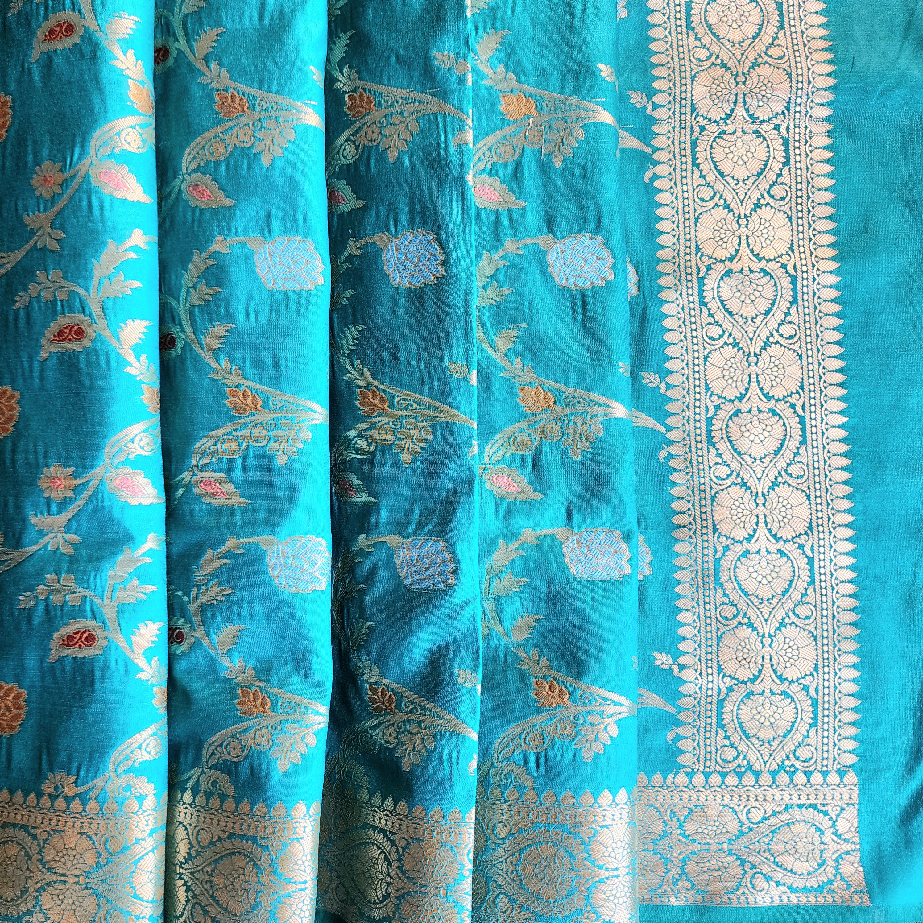 Teal Green Banarasi Silk Dupatta with Gold Zari Border & Multicolor Meenakari Work