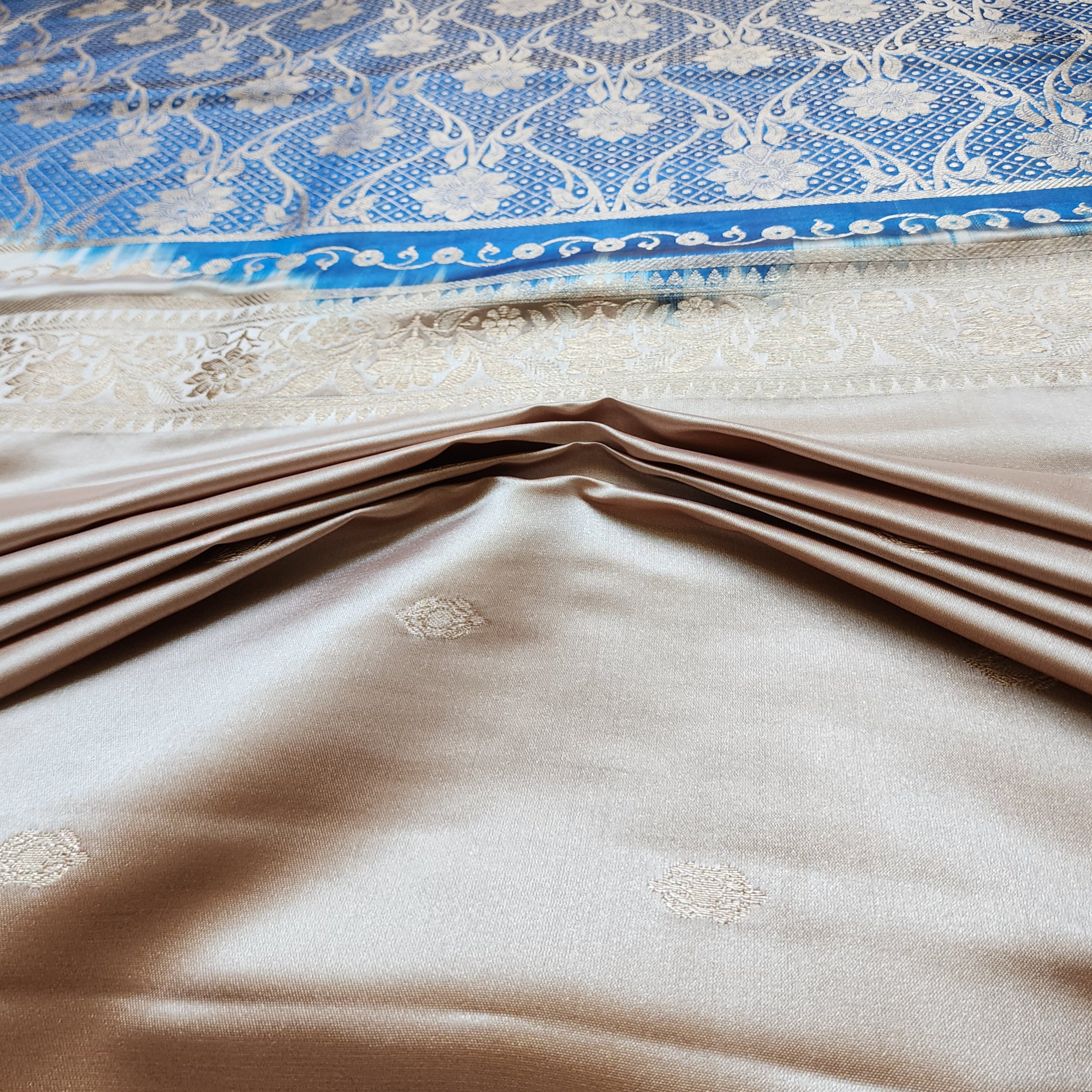 Champagne Beige Katan Silk Saree with Royal Blue and Gold Zari Border