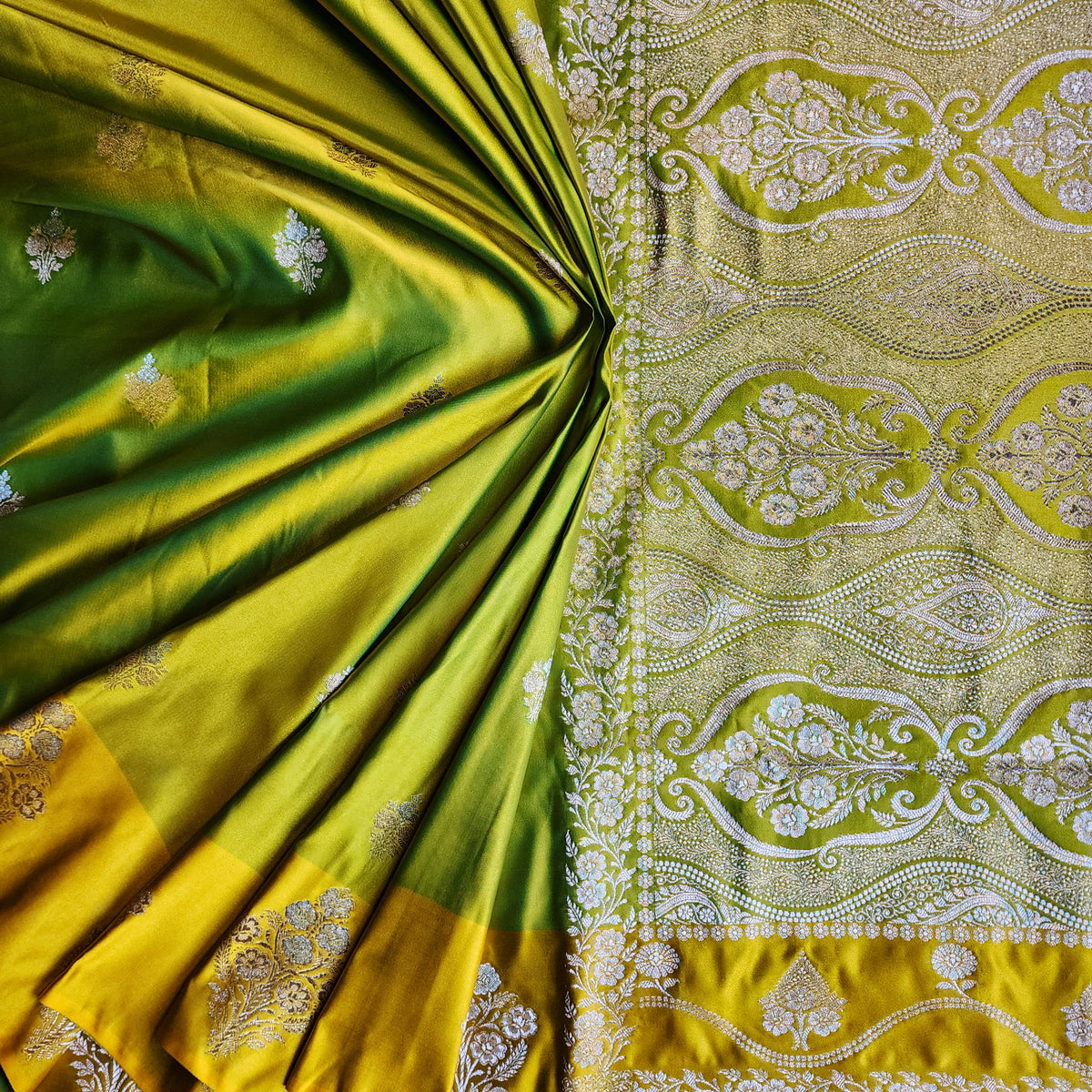 Dual-Tone Parrot Green & Yellow Pure Banarasi Katan Silk Saree