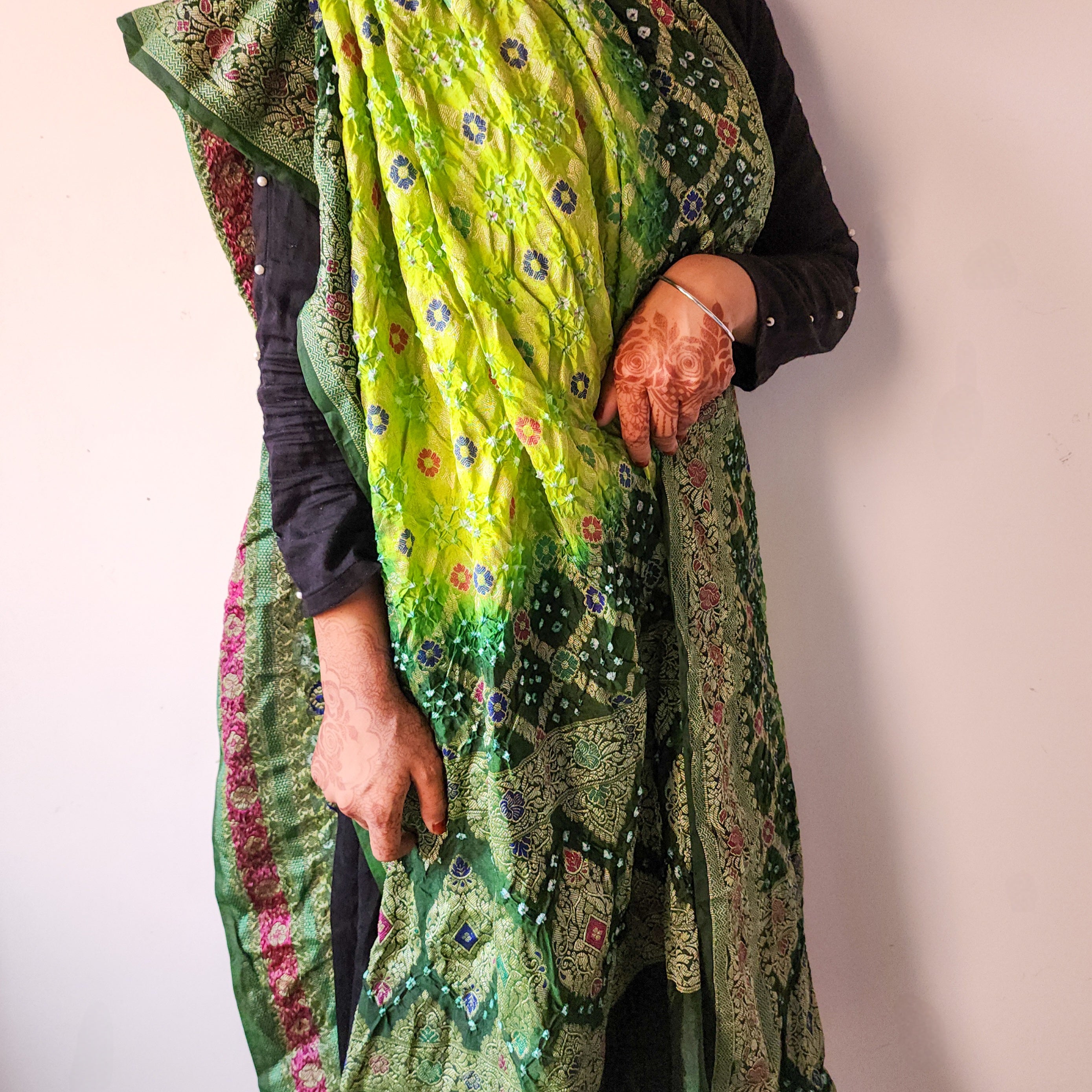 Dual-Tone Green Bandhni Dupatta with Golden Border & Banarasi Meenakari Work