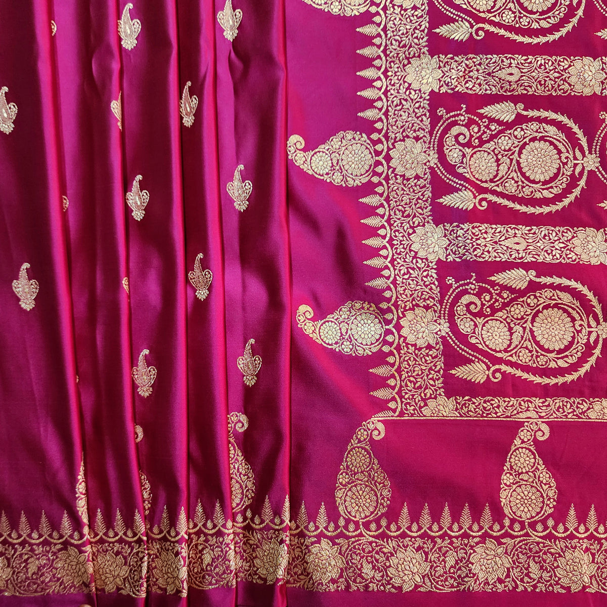 Rani Pink Paisley Katan Silk Saree with Gold Zari