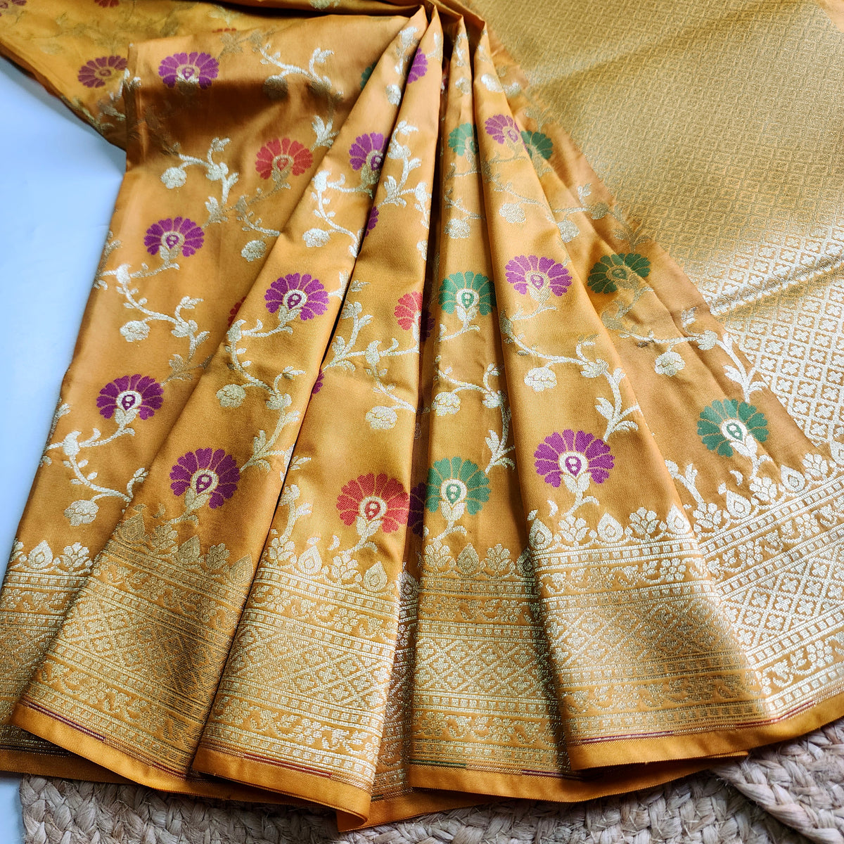 Banarasi Silk Floral Jaal Dupatta - Mustard Gold