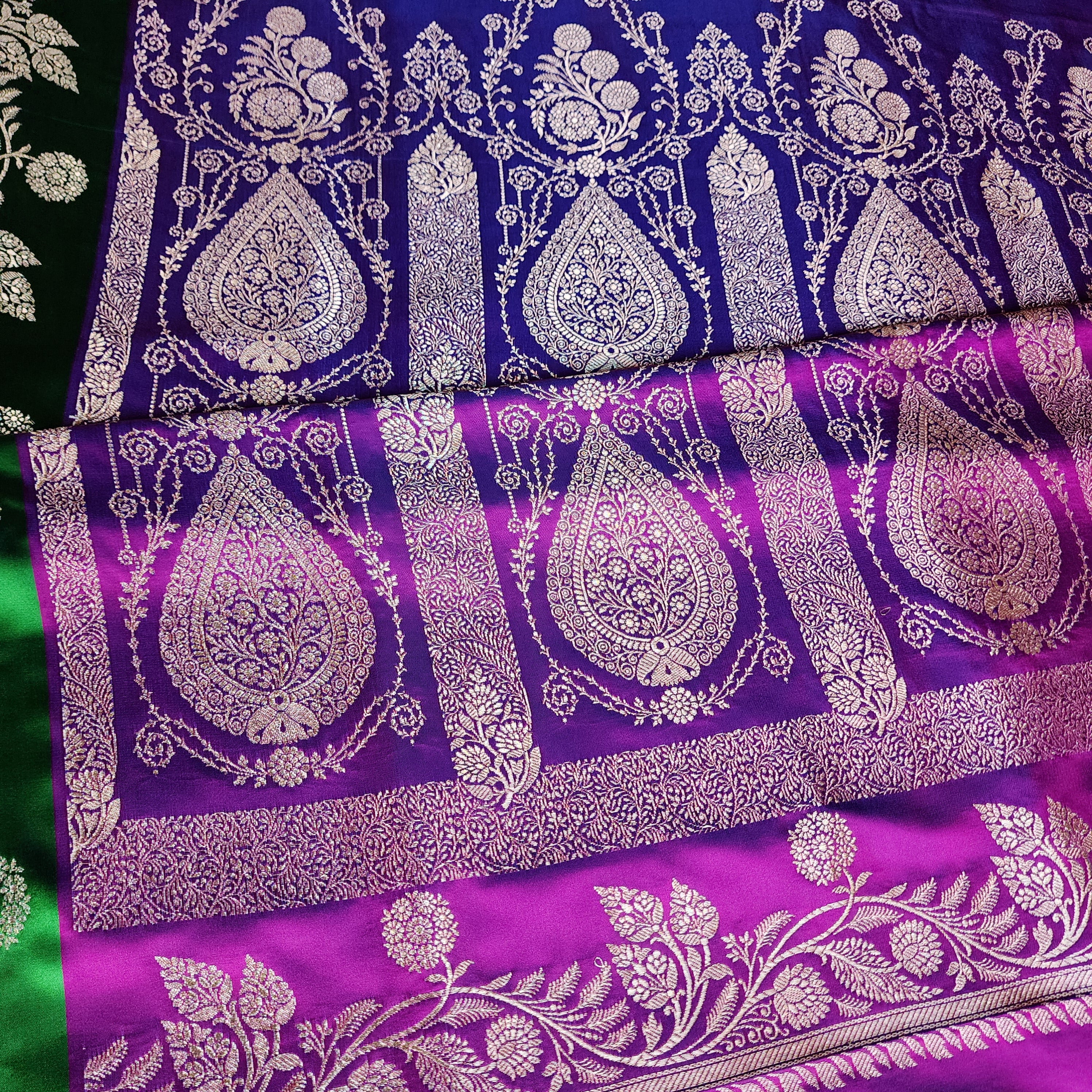 Royal Purple Pure Banarasi Katan Silk Saree with Leaf Green Border