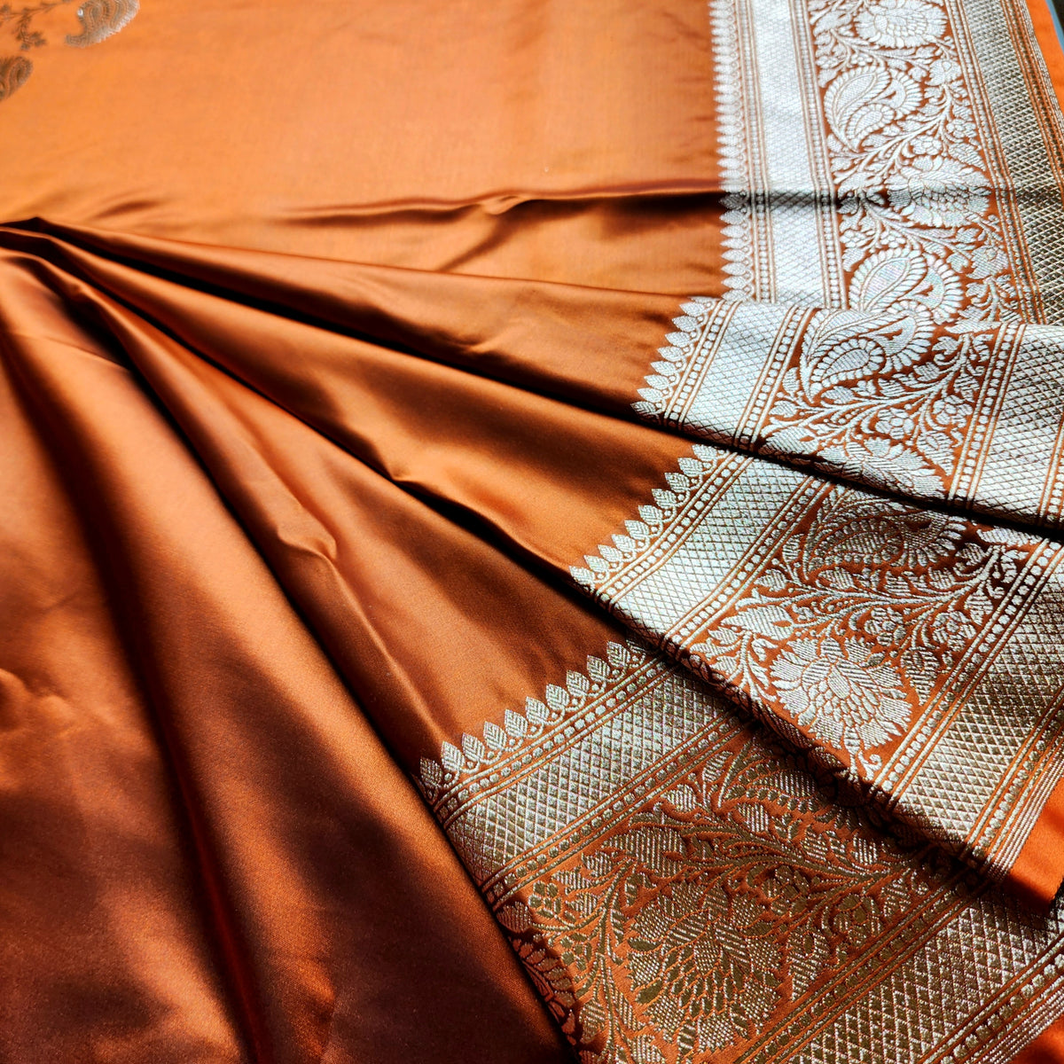 Rich Burnt Copper Pure Banarasi Katan Silk Saree with light Gold Zari Weaving