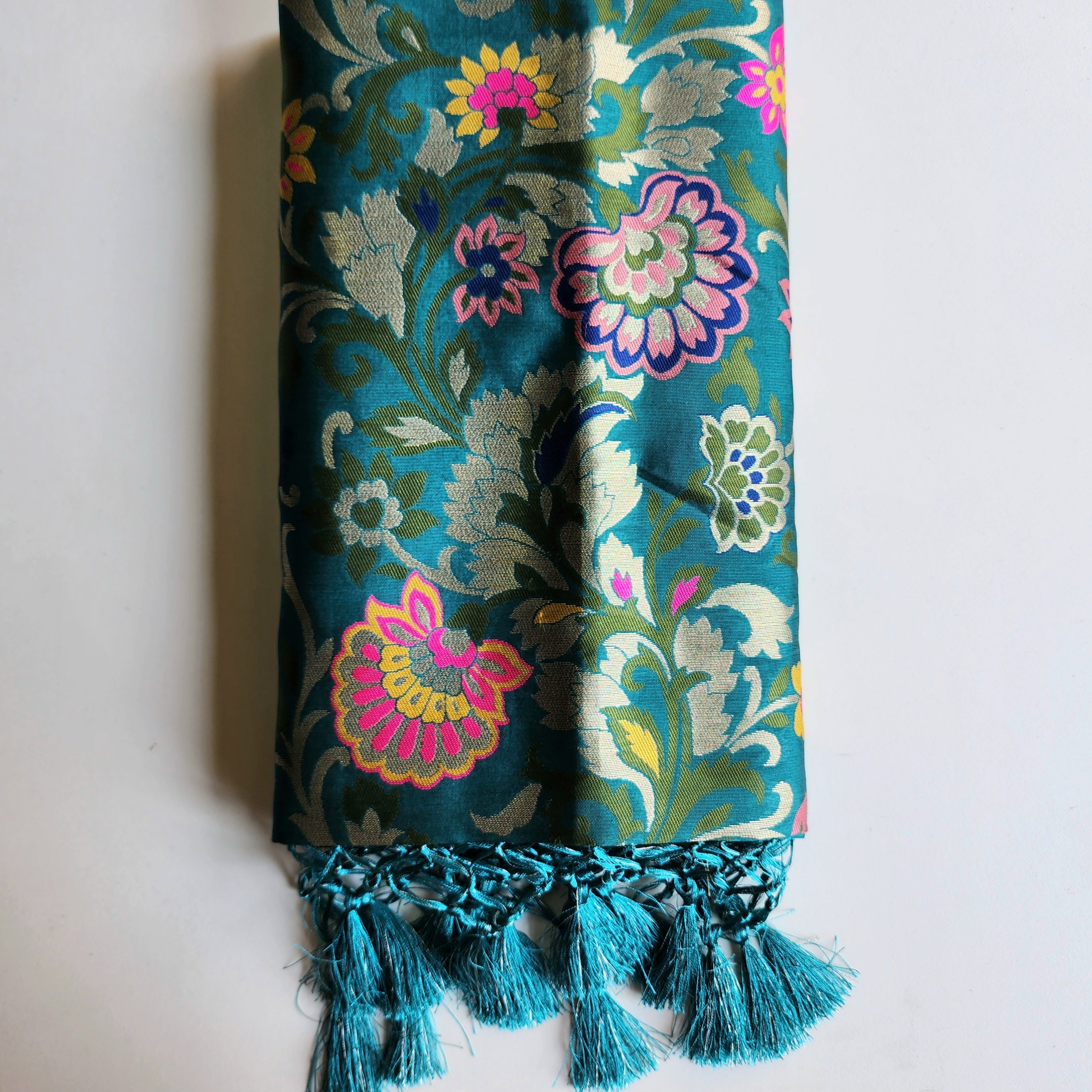 Banarasi Silk Rama Green Dupatta with Multicolor & Gold Floral Handweaving
