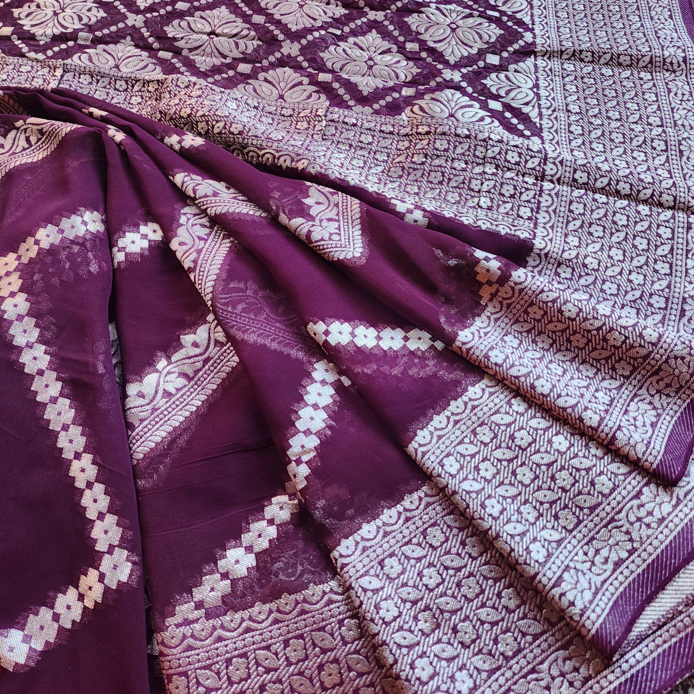 Dark Purple Khaddi Georgette Pure Banarasi Saree with Silver Zari