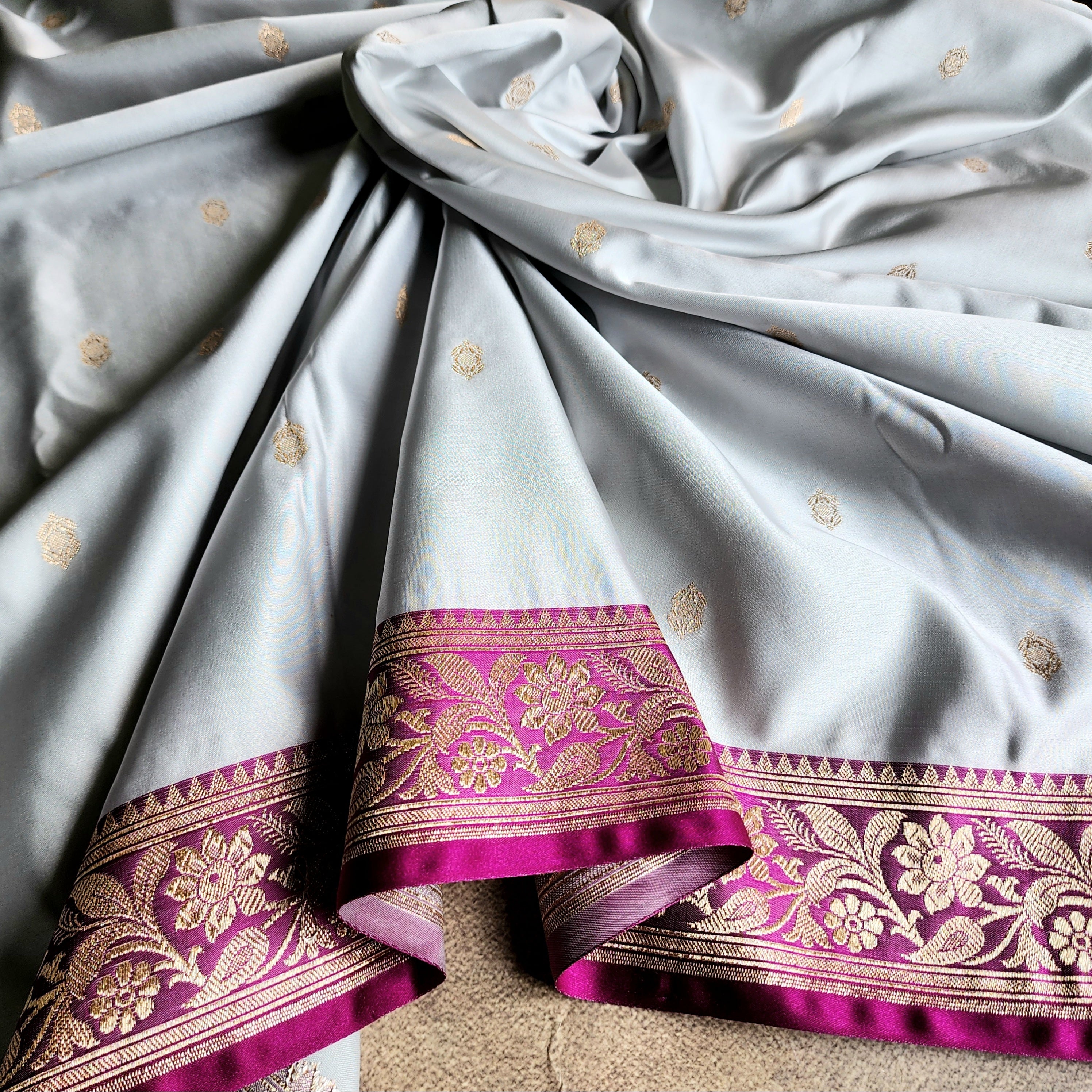 Powder Blue Katan Silk Saree with Purple and Gold Zari Border