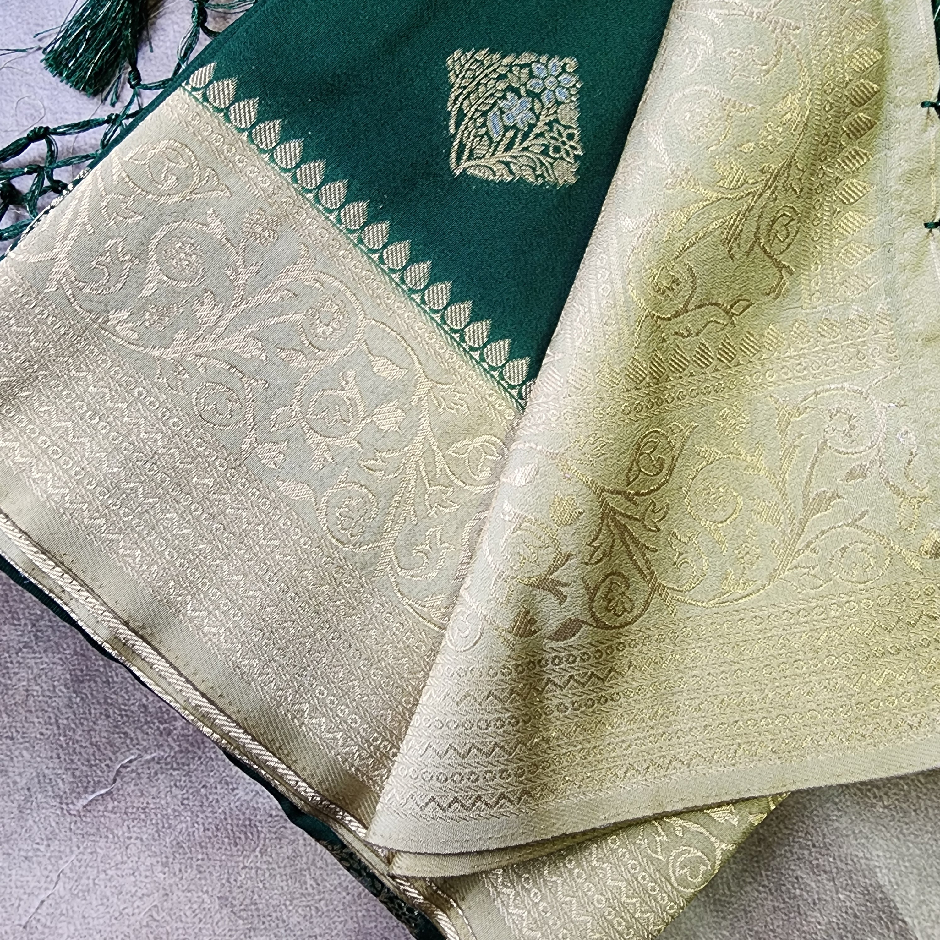Bottle Green Crepe Georgette Silk Saree with Soft Champagne Gold Zari Border