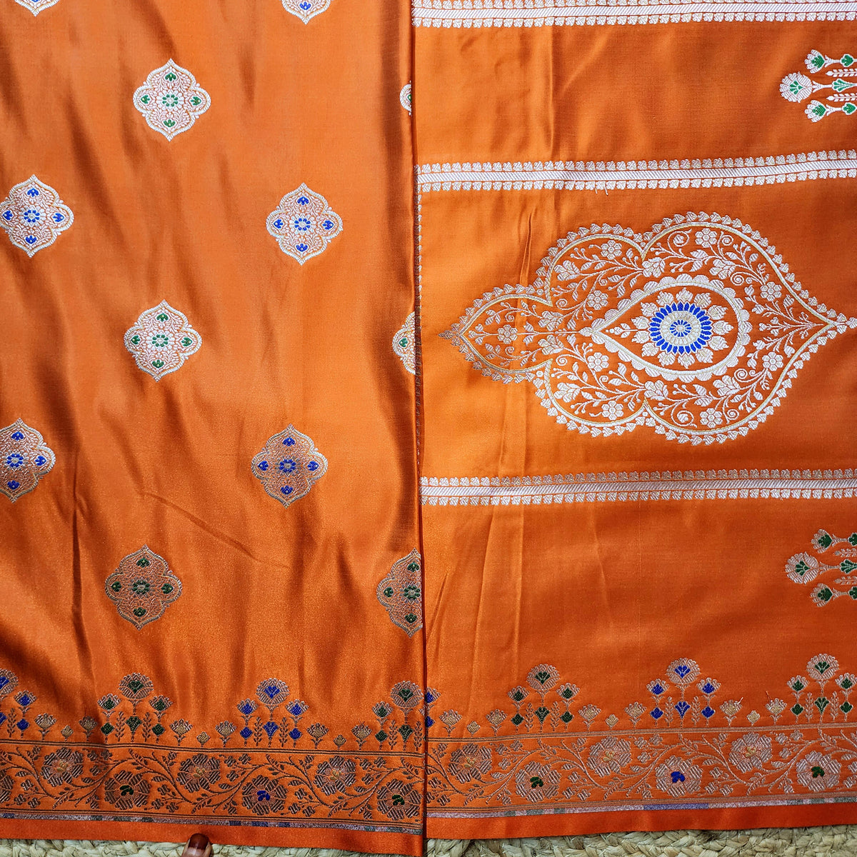 Orange Banarasi Katan Silk Saree with Multicolor Meenakari