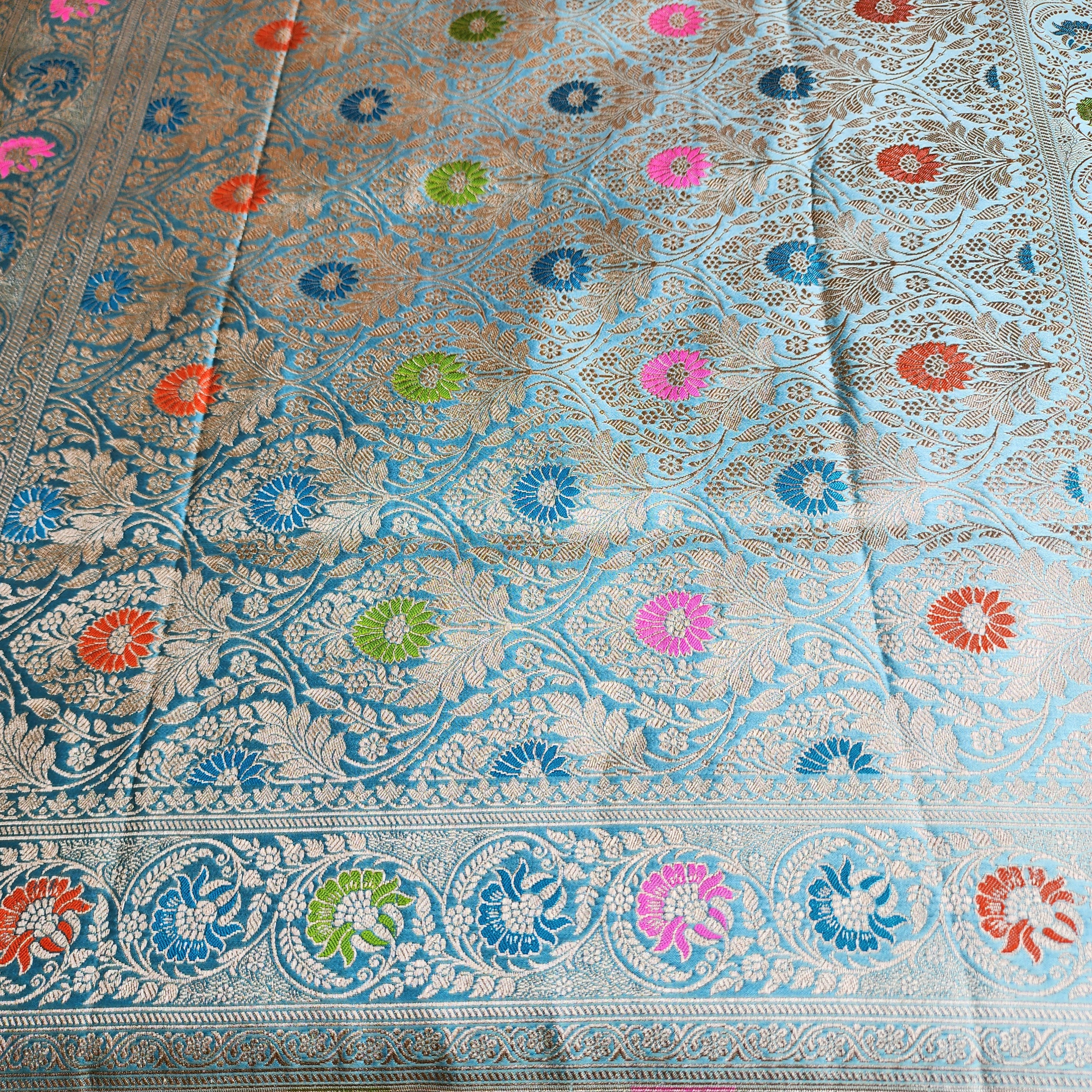 Enriched Powder Blue Banarasi Katan Silk Saree with Multicolor Meenakari Floral Jaal