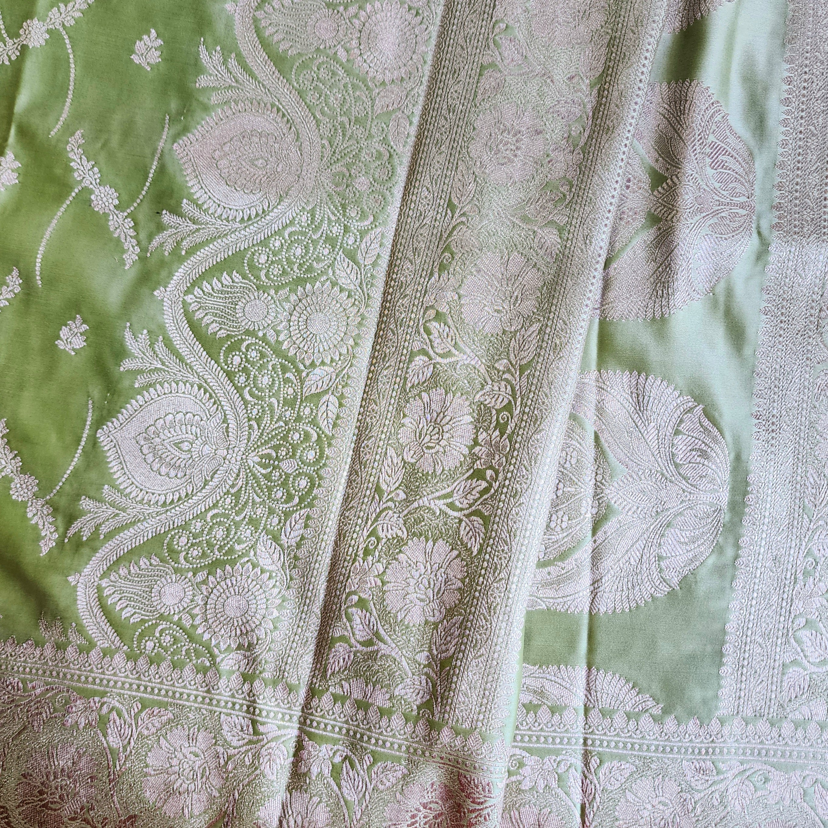 Pastel Sage Green Banarasi Katan Silk Saree with Light Gold Zari weaving