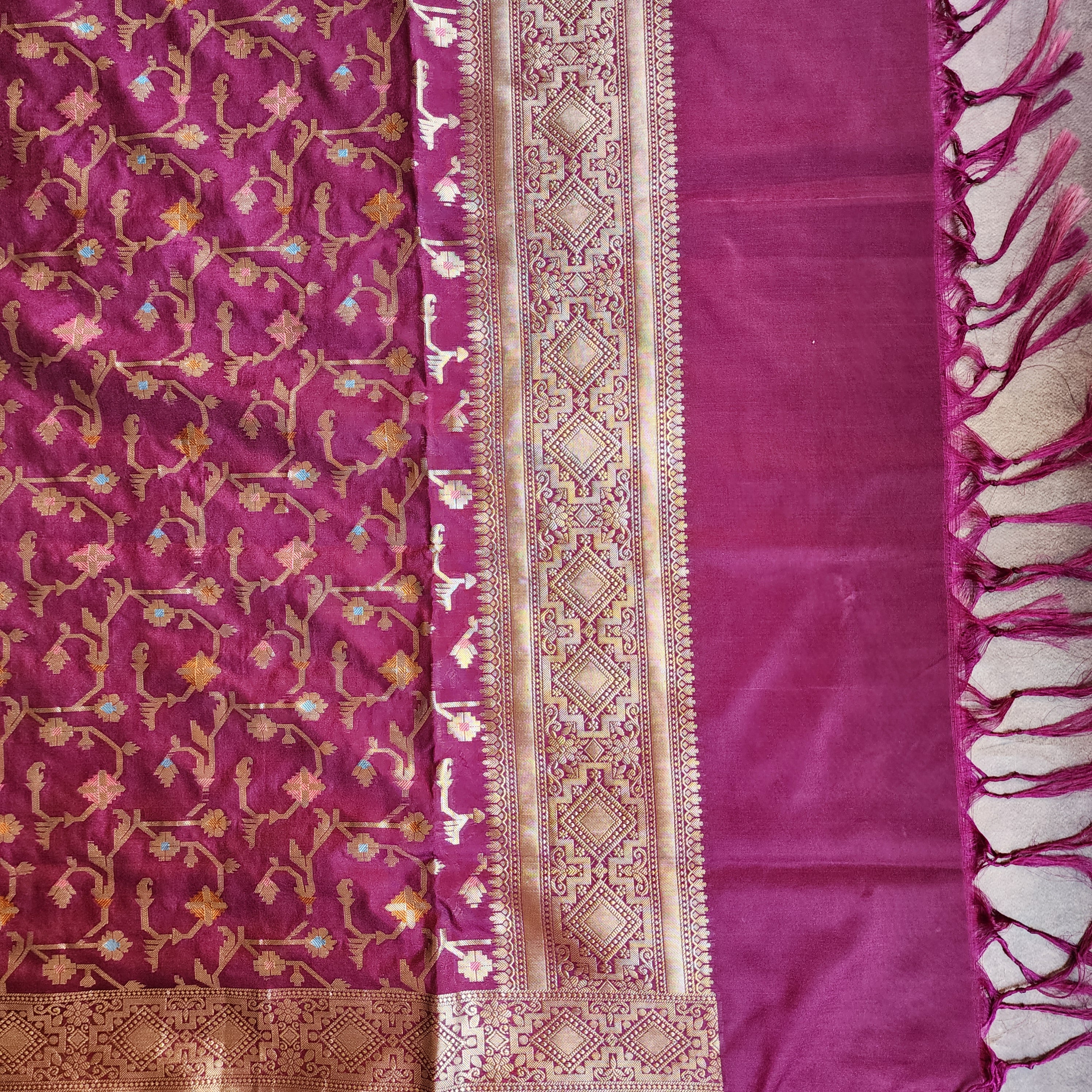 Golden Grid Banarasi Silk Dupatta with Meenakari Work in Deep Purple