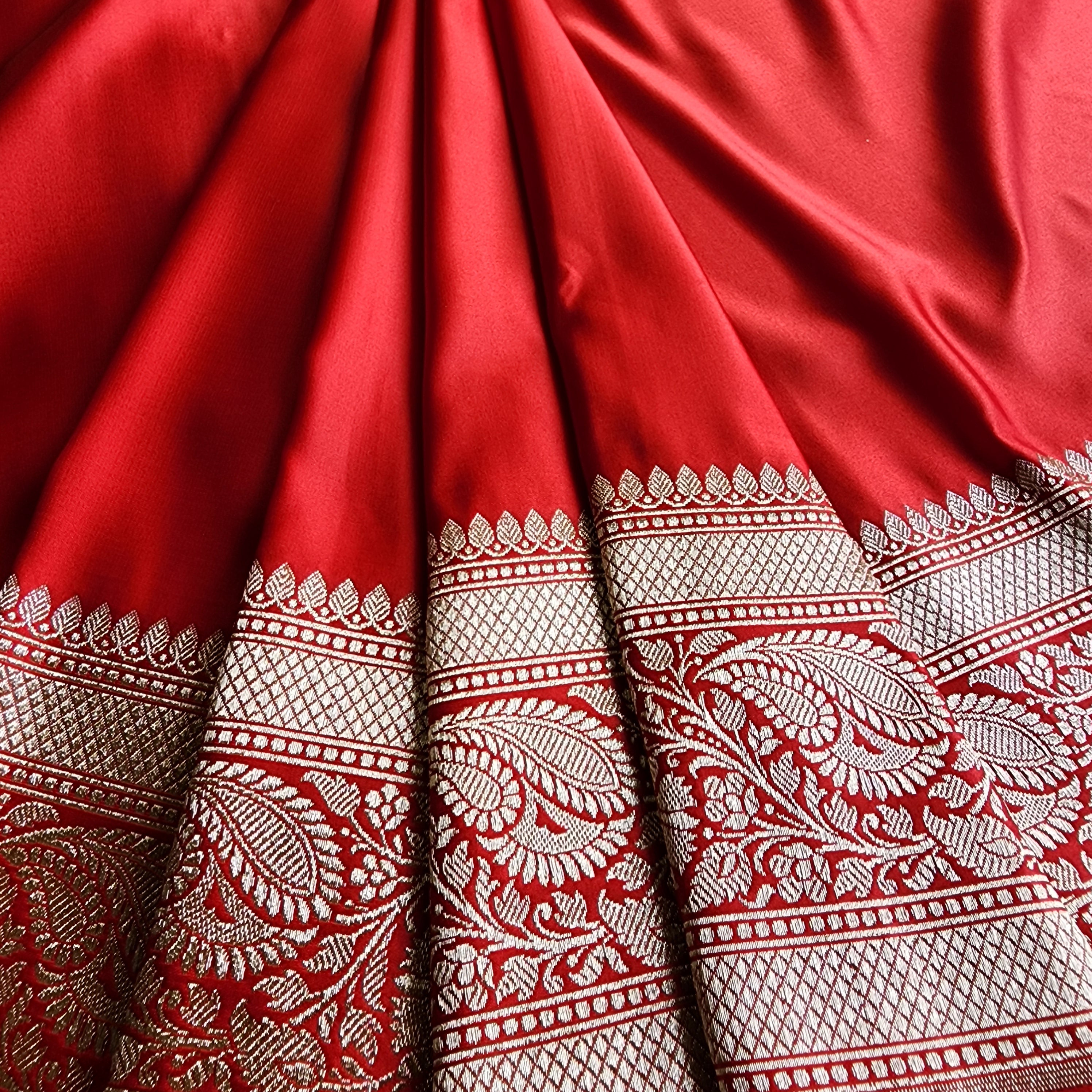 Rich Vermilion Red Pure Banarasi Katan Silk Saree with light Gold Zari Weaving
