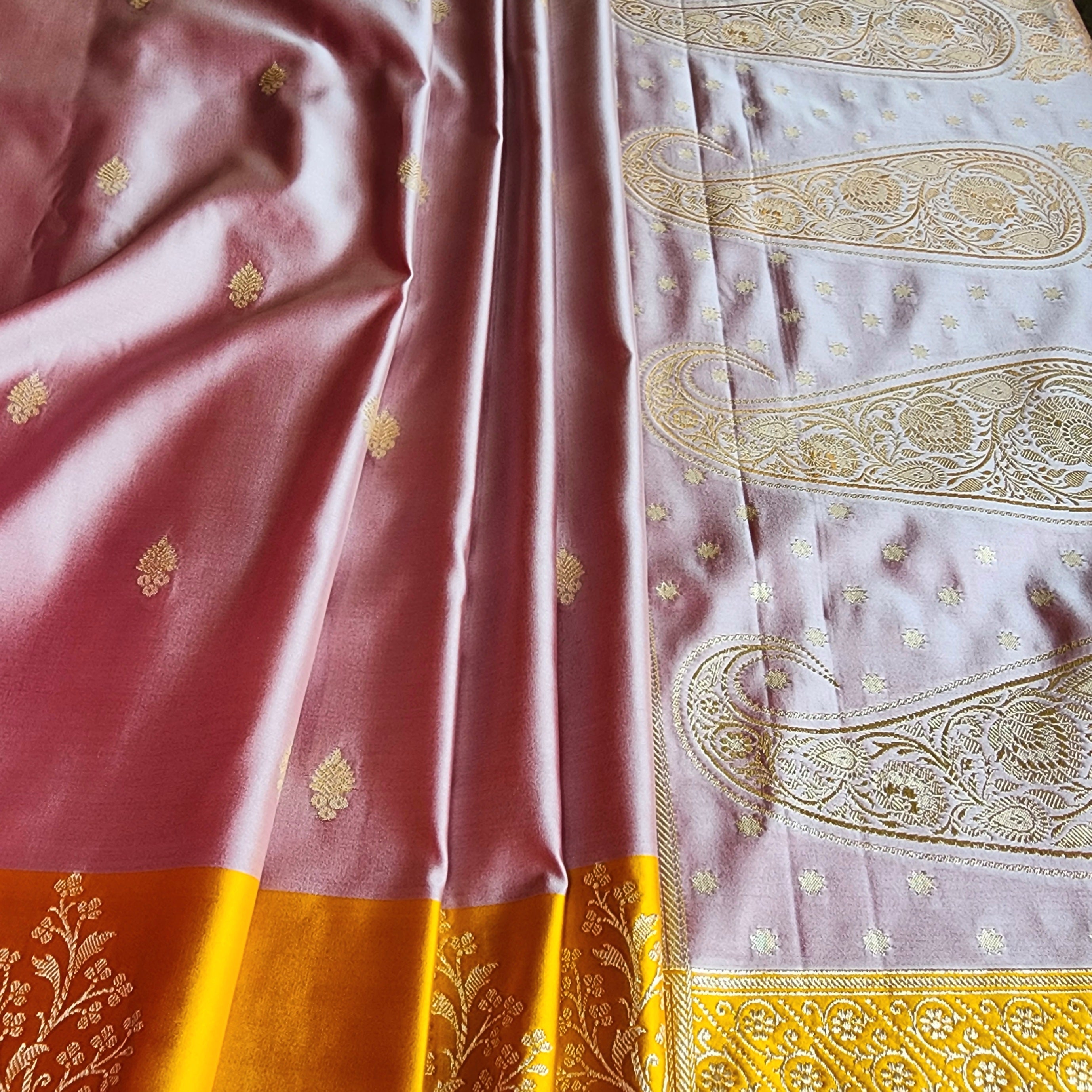 Dusty Rose Katan Silk Saree with Mustard Yellow Gold Zari Border