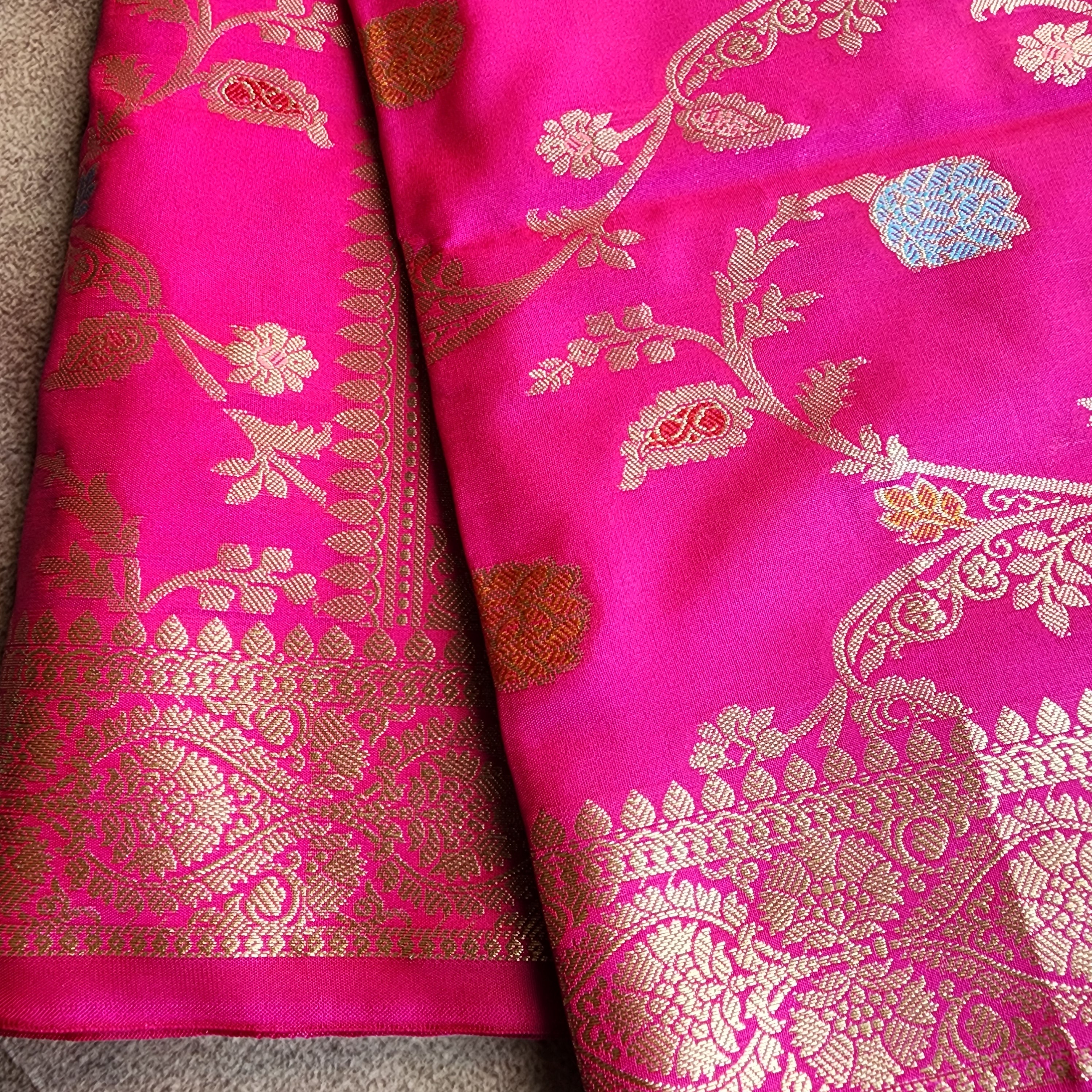 Hot Pink Banarasi Silk Dupatta with Gold Zari Border & Multicolor Meenakari Work