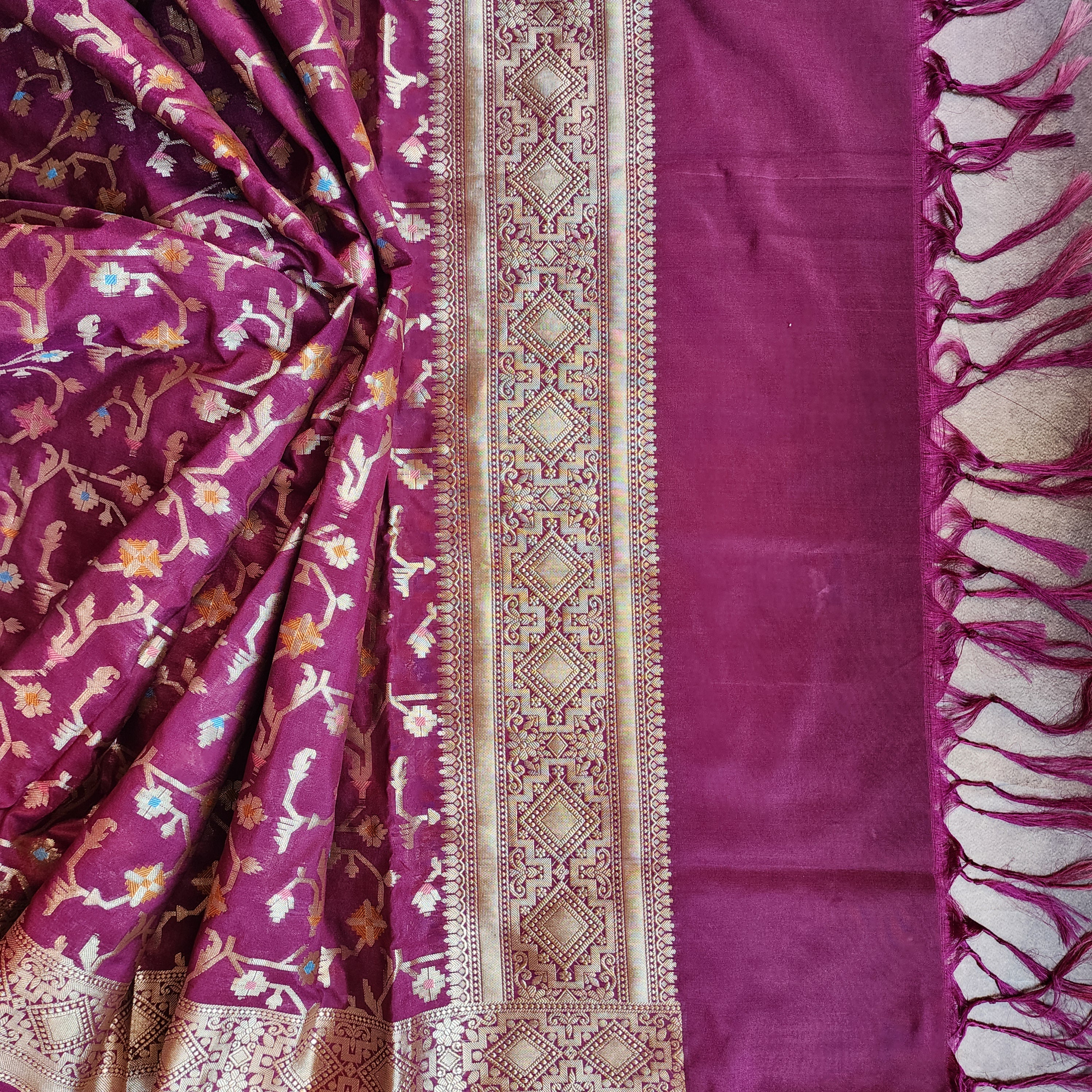 Golden Grid Banarasi Silk Dupatta with Meenakari Work in Deep Purple