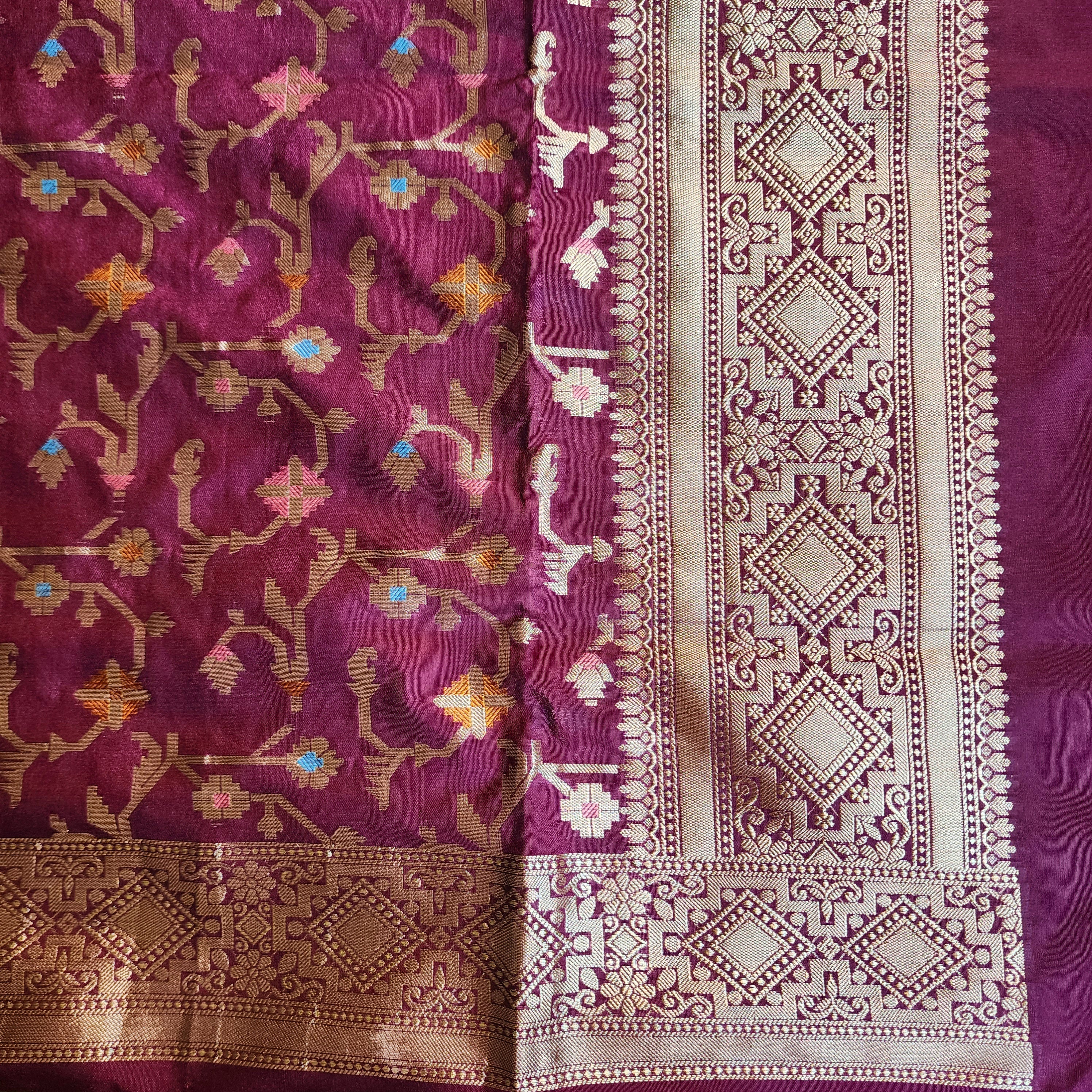 Golden Grid Banarasi Silk Dupatta with Meenakari Work in Deep Purple