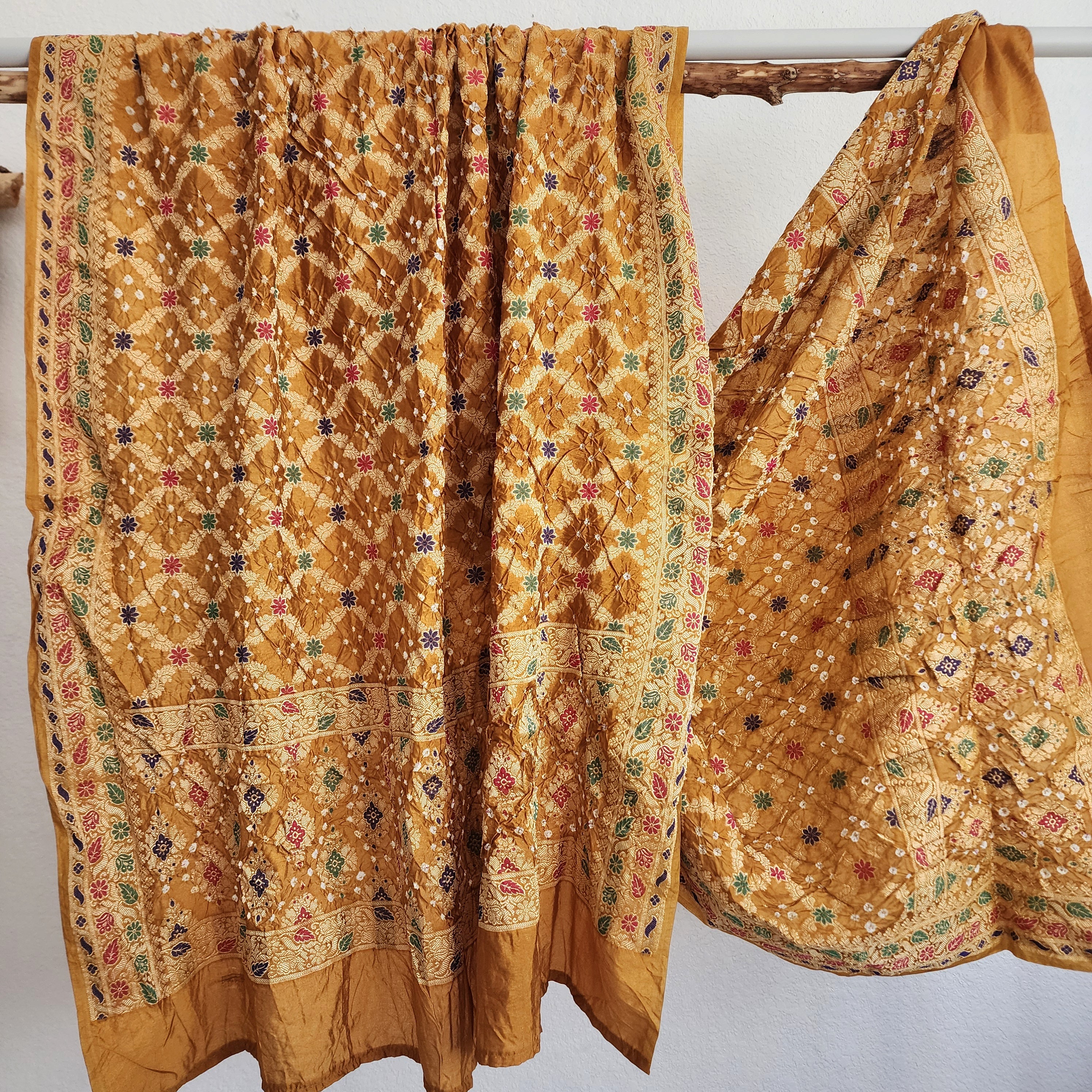 Mustard Yellow Bandhni dupatta with Banarasi Meenakari work