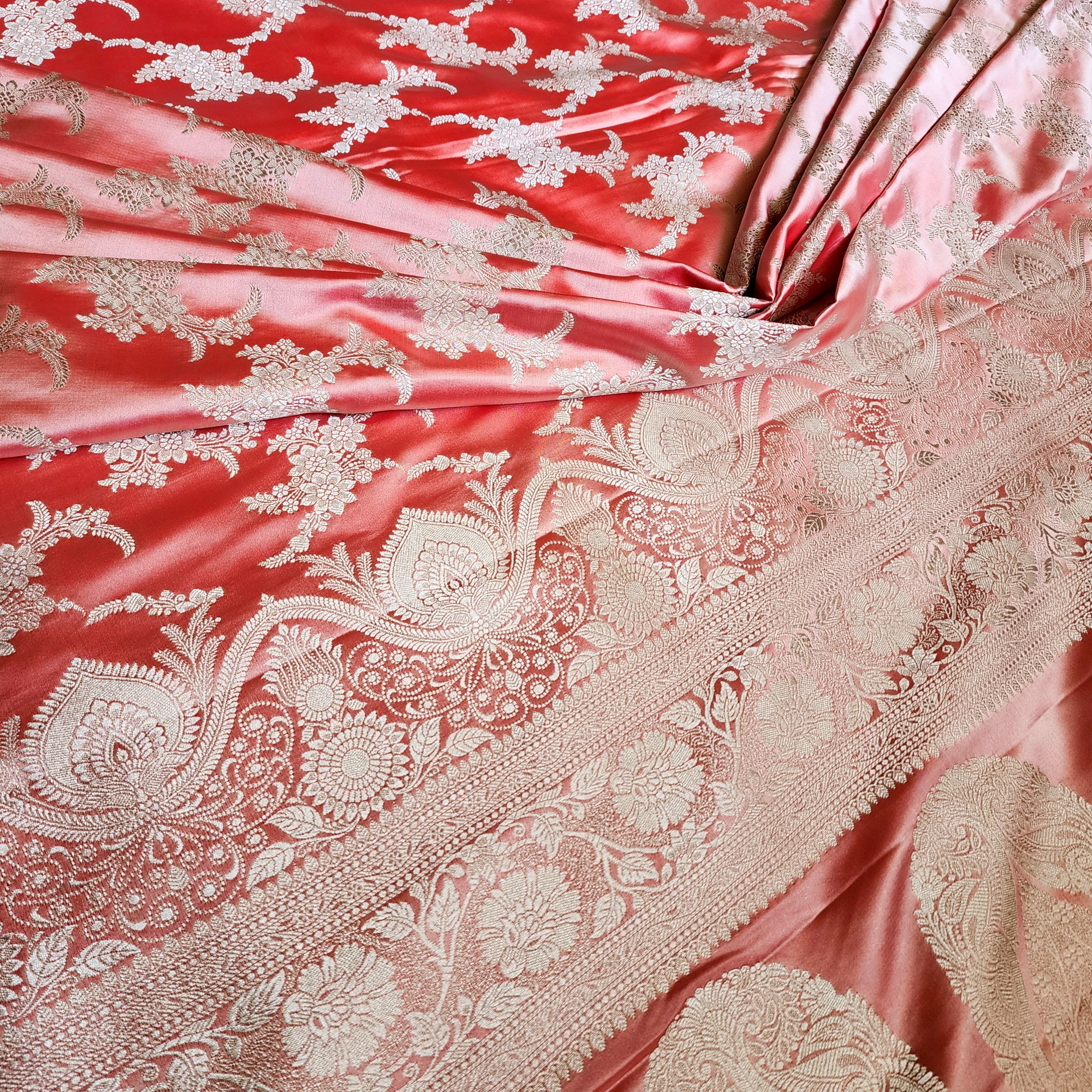 Blush Coral Banarasi Katan Silk Saree with Floral Vine Jaal