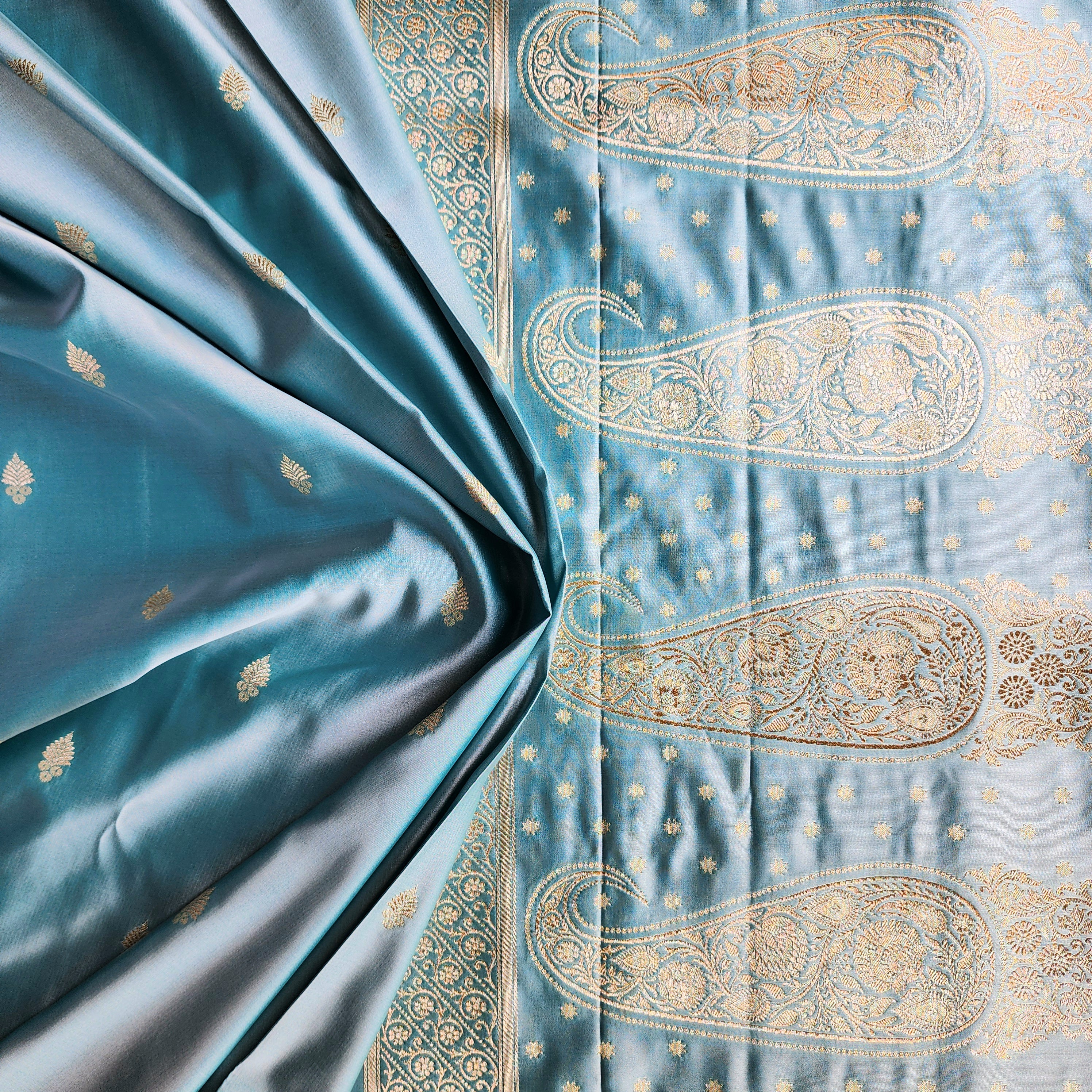 Blue Katan Silk Saree with Beige Gold Zari Border