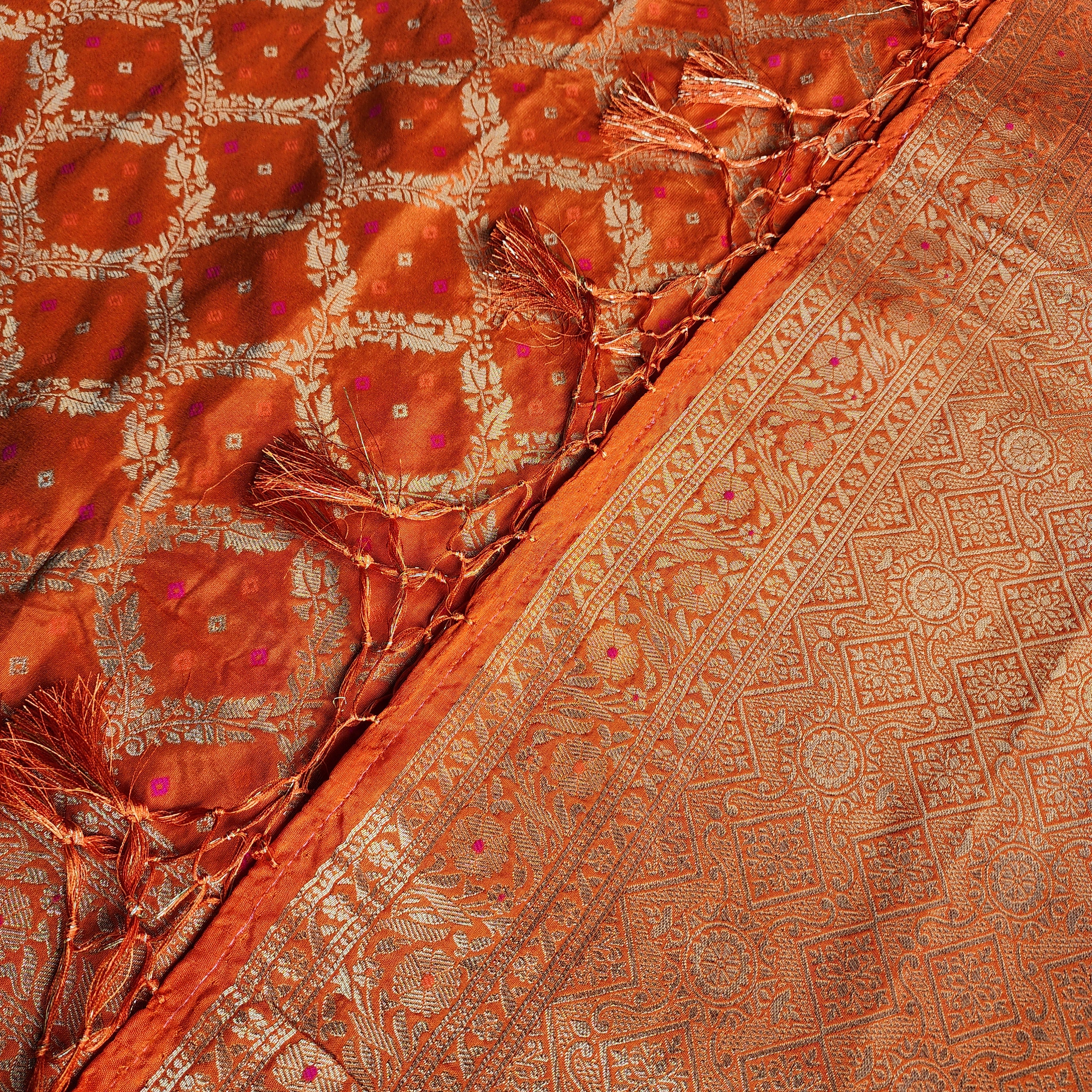 Rust Orange Bandhani Dupatta with Traditional Jaal