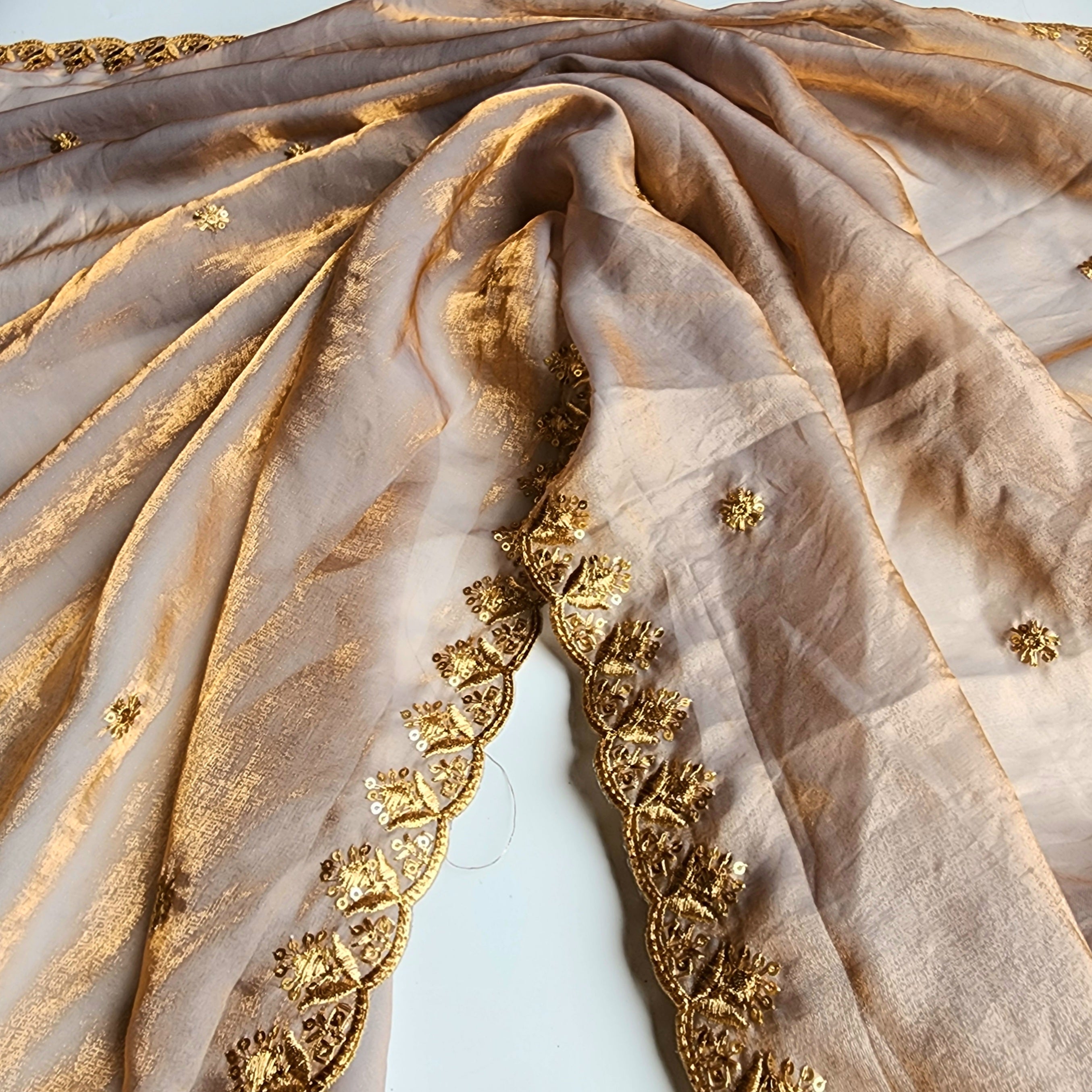 Smoky Taupe Gold Designer Tissue Silk Saree