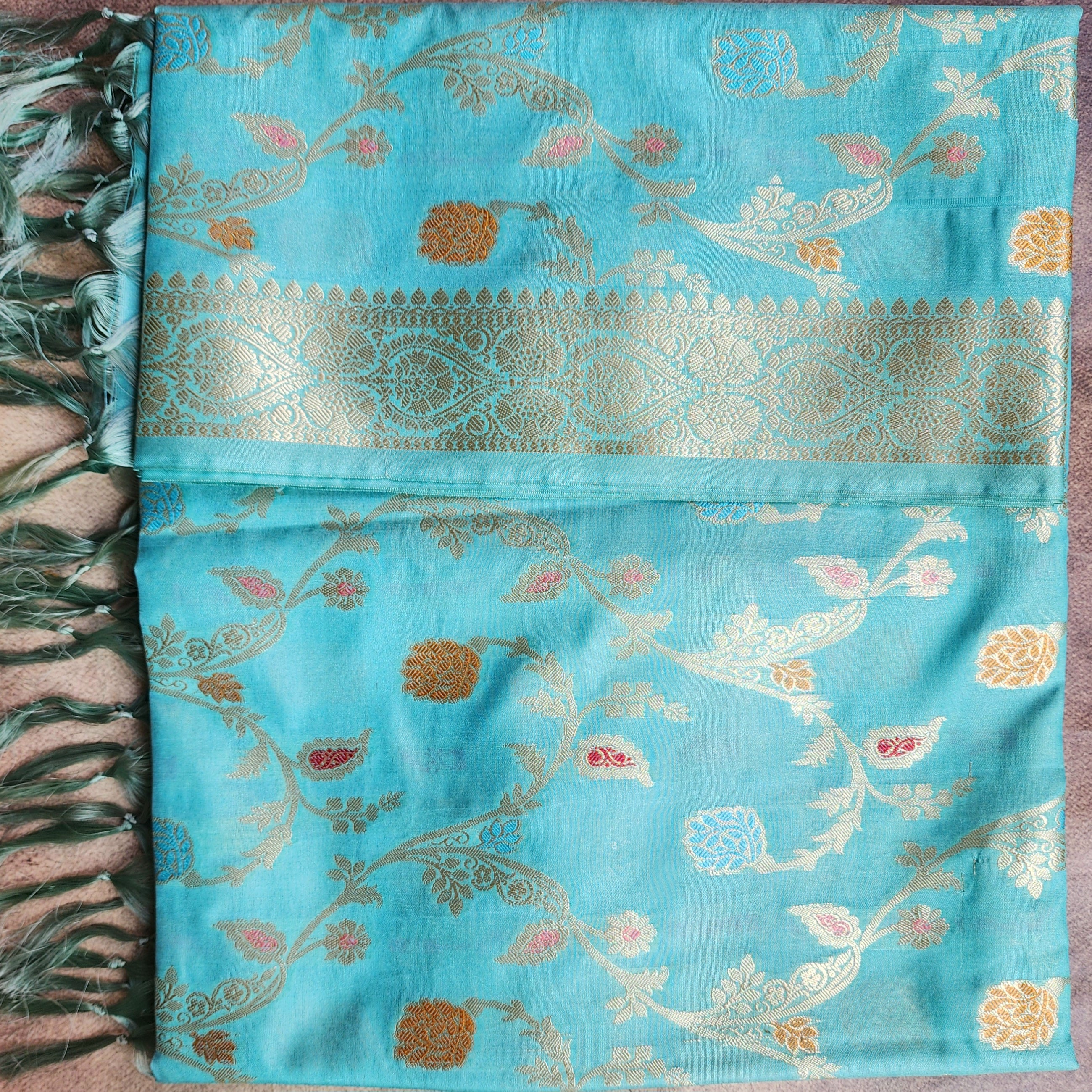 Pastel Sky Blue Banarasi Silk Dupatta with Gold Zari Border & Multicolor Meenakari Work