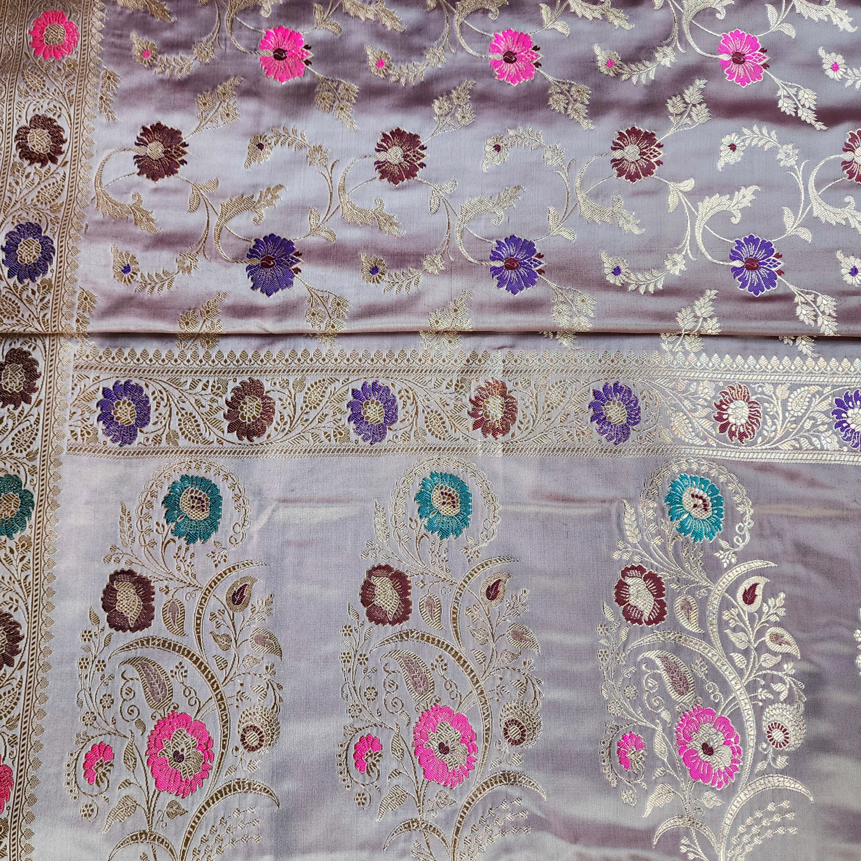 Enriched Banarasi Katan Silk Saree | Lavender Mist Multicolor Meenakari Floral Jaal